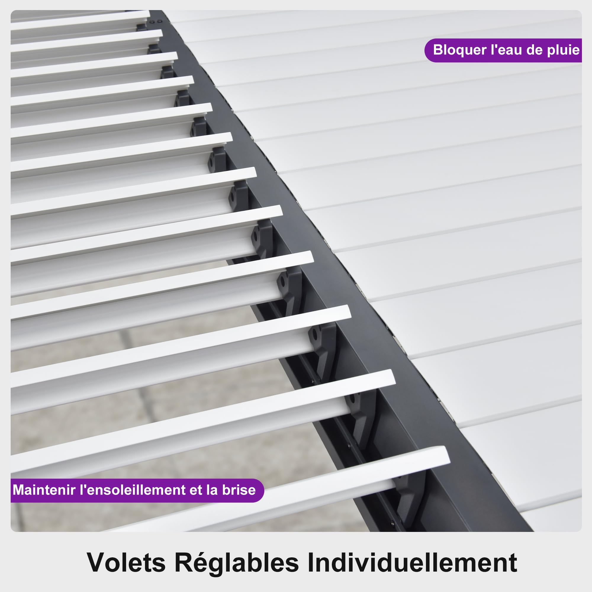 Pergola bioclimatique 4,25 x 3 m – Lattes réglables en aluminium gris avec poteaux blancs pour jardin contemporain et terrasse