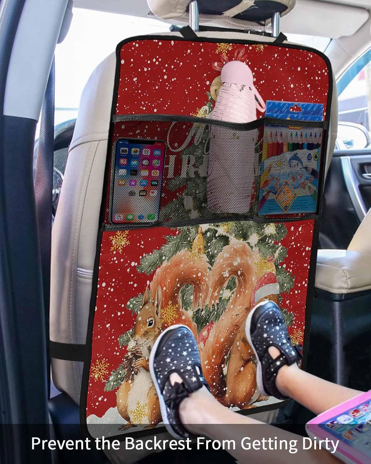 Car Seat Protector, 2 Pack Kick Mats with Organizer - 3 Pocket Storage, Merry Christmas Squirrel Xmas Tree Snowflake Red Linen Back Seat Cover for Kids Universal Fit Automotive Interior Protectors