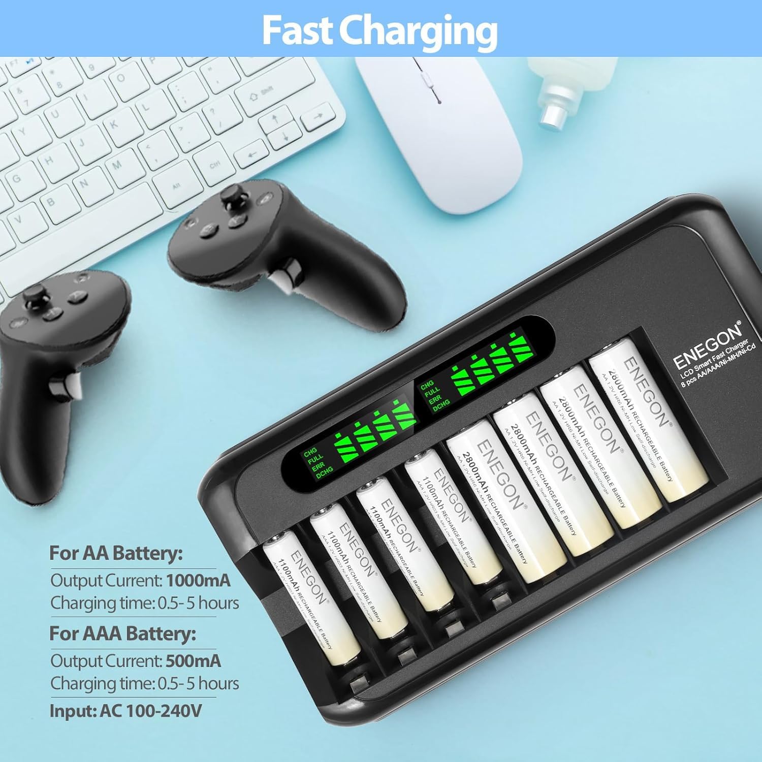 ENEGON Caricabatterie Rapido Intelligente per Batterie Ricaricabili AA AAA Ni-MH Ni-CD con Display LCD, 8 Slot Indipendenti, Protezione e Alimentatore 100-240V
