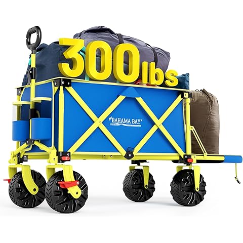 Old Bahama Bay 300lbs Extra Long 49" L Beach Wagon with Big Wheels with Brake for Sand, Collapsible Utility Beach Cart Heavy Duty Folding Wagon,Ideal for Outdoor Sand Camping Garden Pet