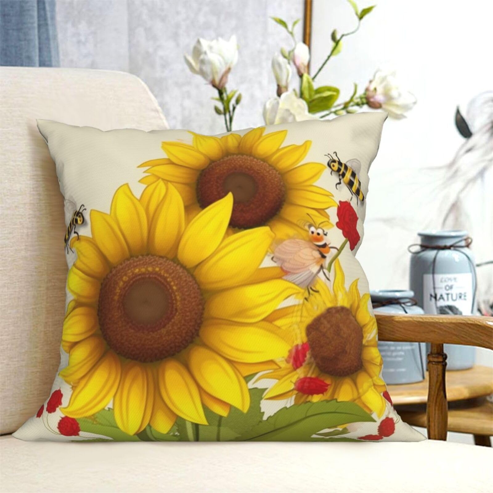 Fodpand Black Decorative Throw Pillow Covers 12"X12" Bees Sunflowers Daisy Rose Flowers Cushion Cases Square Modern Farmhouse Pillow Cases Soft Cozy Cushion Covers For Couch Sofa Bedroom Home Decor Pillowcase