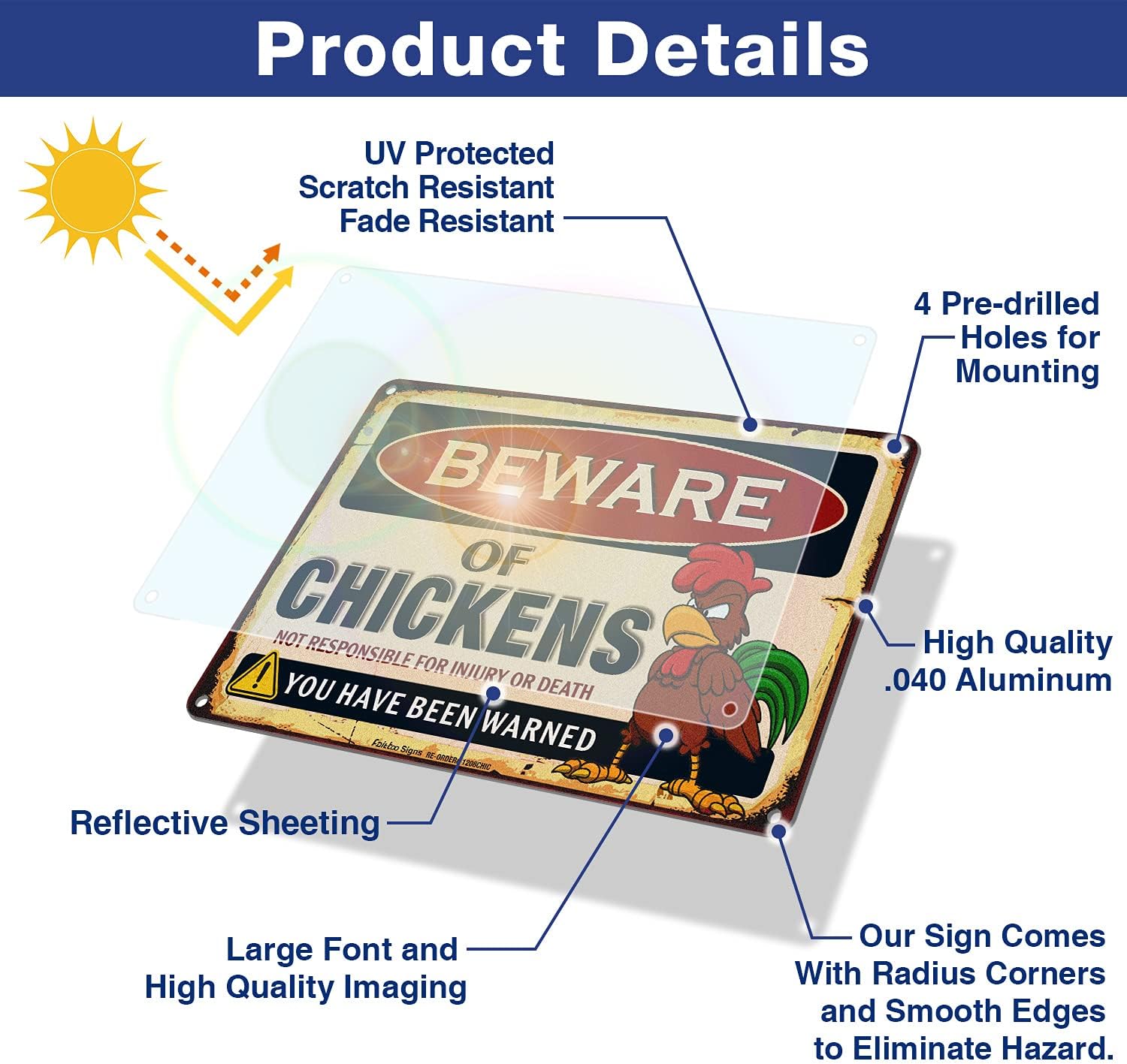 Beware of Chicken Sign - Vintage Metal, 8x12 Inch, Reflective, Weather/Fade Resistant, UV Protected - Easy to Mount image 3