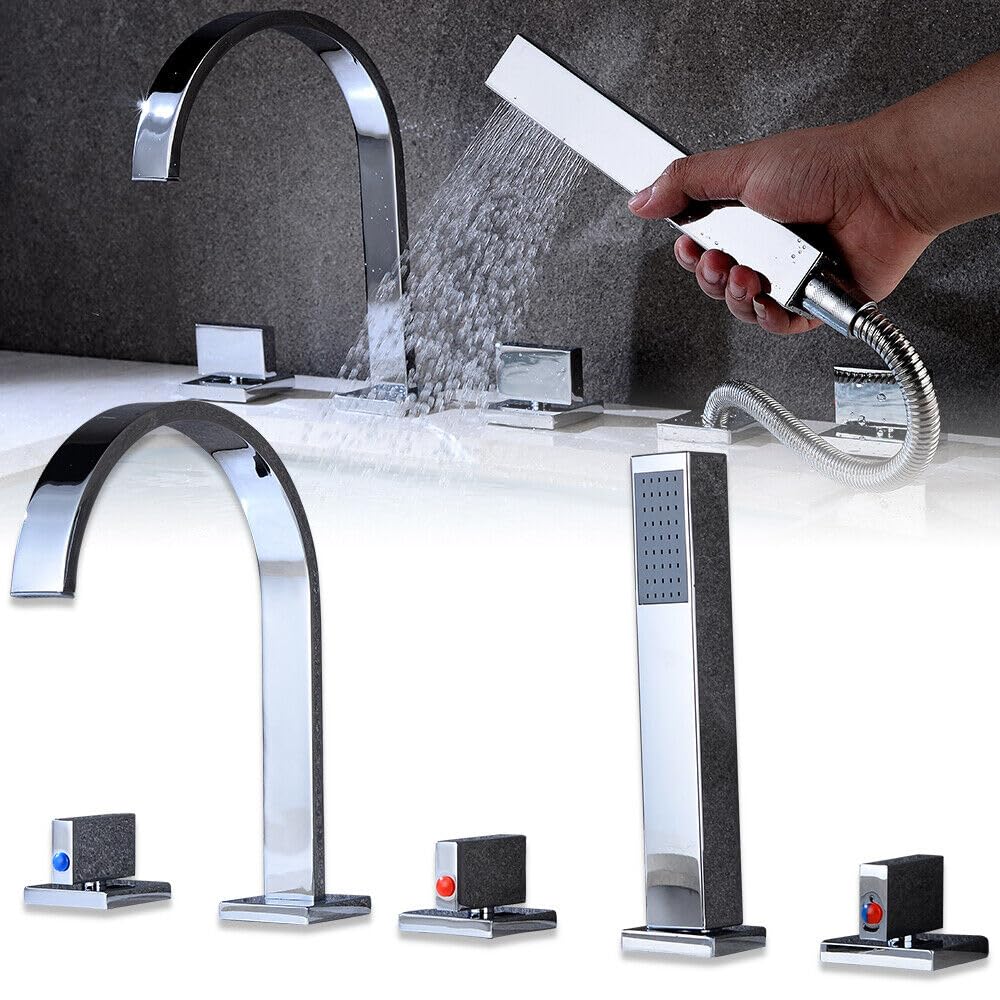 Grifo para bañera con 5 orificios, ducha de mano, grifo para borde de bañera, juego cromado, grifo monomando, lavabo sobre encimera, grifo bimando