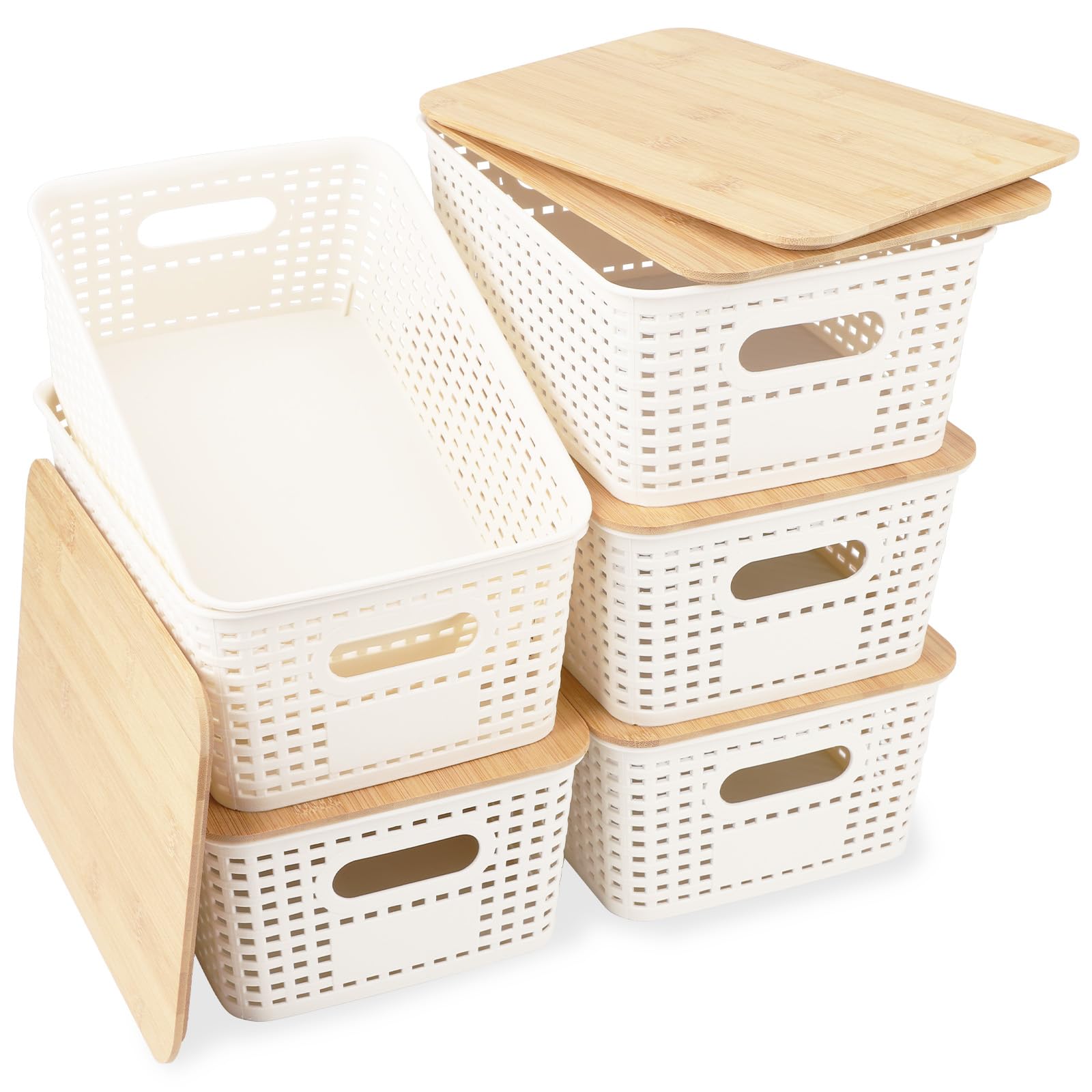 GAESHOW Juego de 6 cestas de almacenamiento de plástico con tapa de bambú, cajas de almacenamiento con asas, apilables para ahorrar espacio, color blanco, para baño, cocina, oficina y armarios