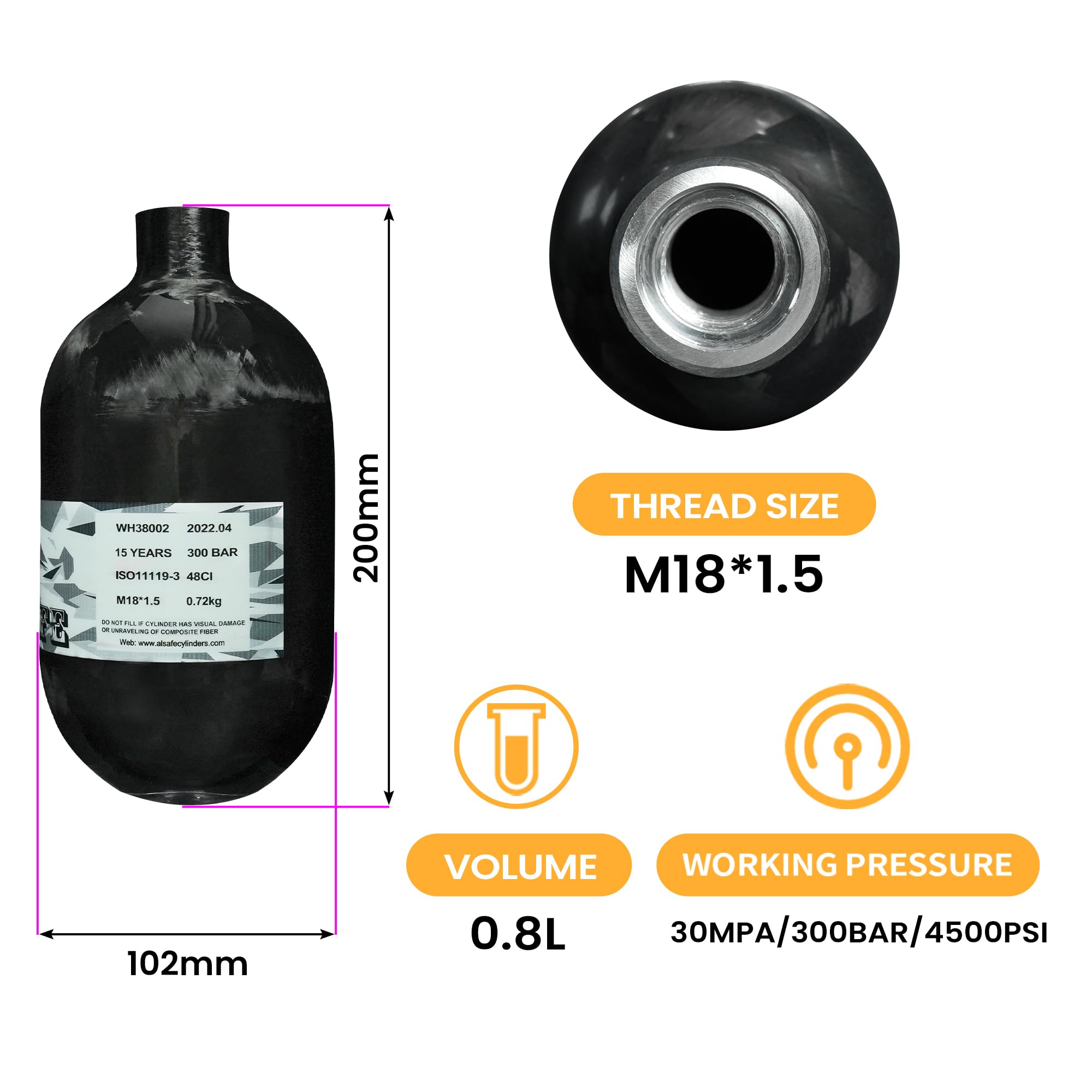 TUXING Réservoir HPA haute pression 4500 psi, cylindre en fibre de carbone de 2,5 L, bouteille de plongée composite, réservoir d'air PCP Paintball Plongée M18 x 1,5