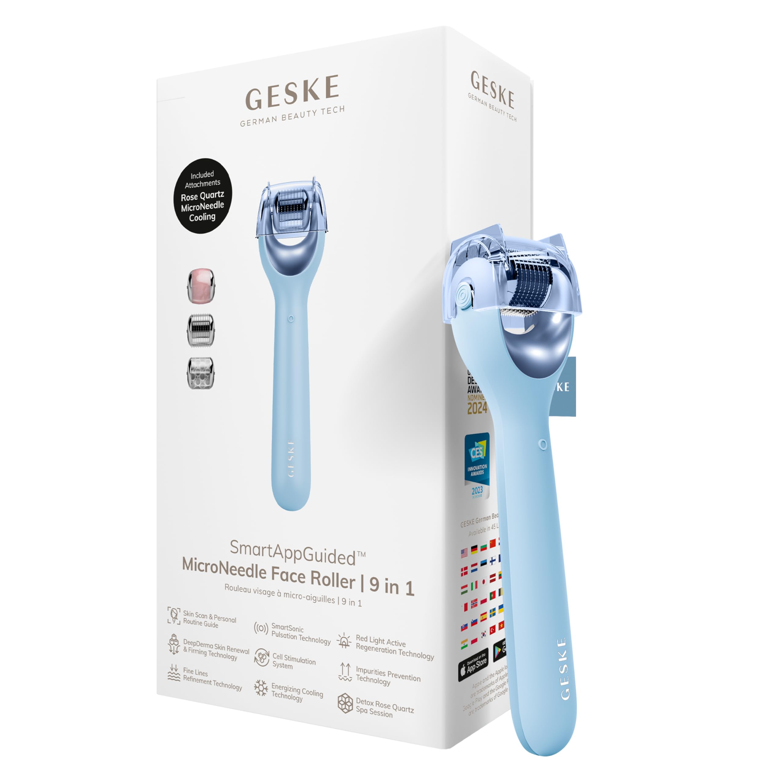 GESKE | Wałek do twarzy z mikroigłami SmartAppGuided™ | 9 w 1 | z kwarcem różowym | Mikronakłuwanie | Profesjonalne urządzenie do mikronakłuwania | Roller igłowy | Twarz wałka kosmetycznego