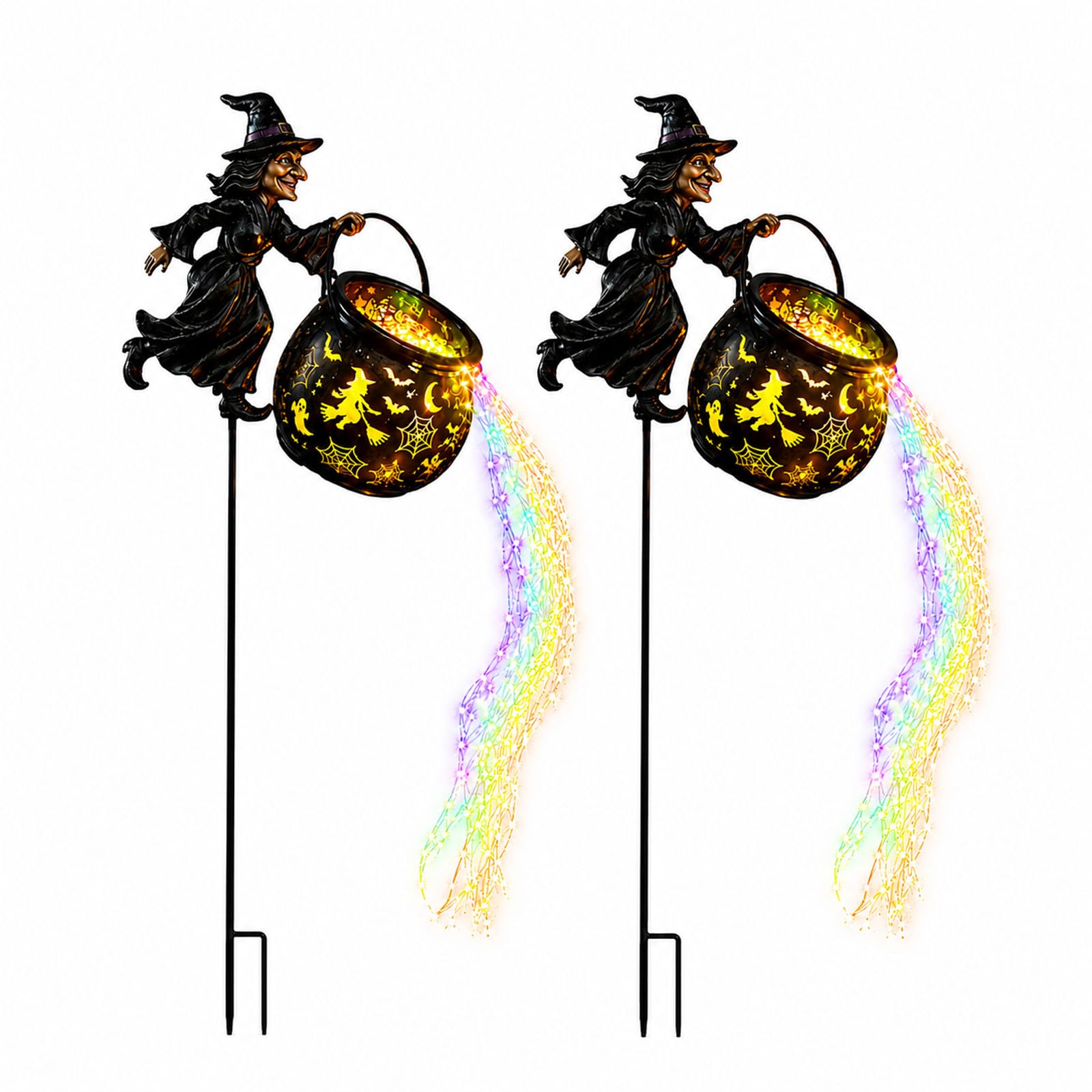 Halloween Witch Cauldron Garden Light, LED Color Waterfall-Style Light Flow Flying Witches Halloween Décor (2PCS)