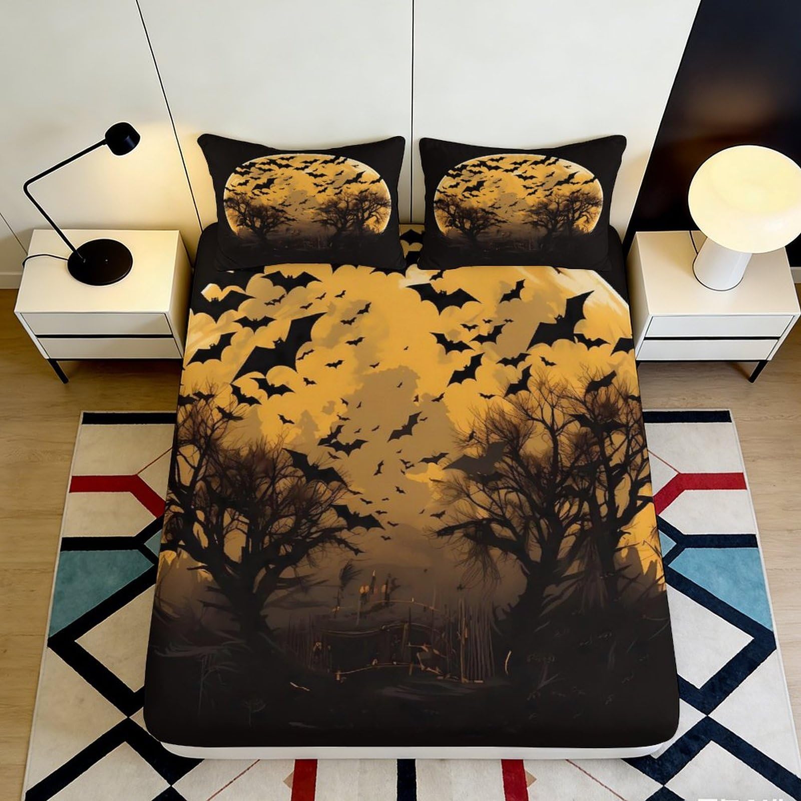 Jqzkxnhpbr Style-8 3D Printed Halloween Night Fitted Sheet Microfiber Bat Forest Bed Cover For Bedroom Dorm Decoration Mattress Protection 90X200x25cm