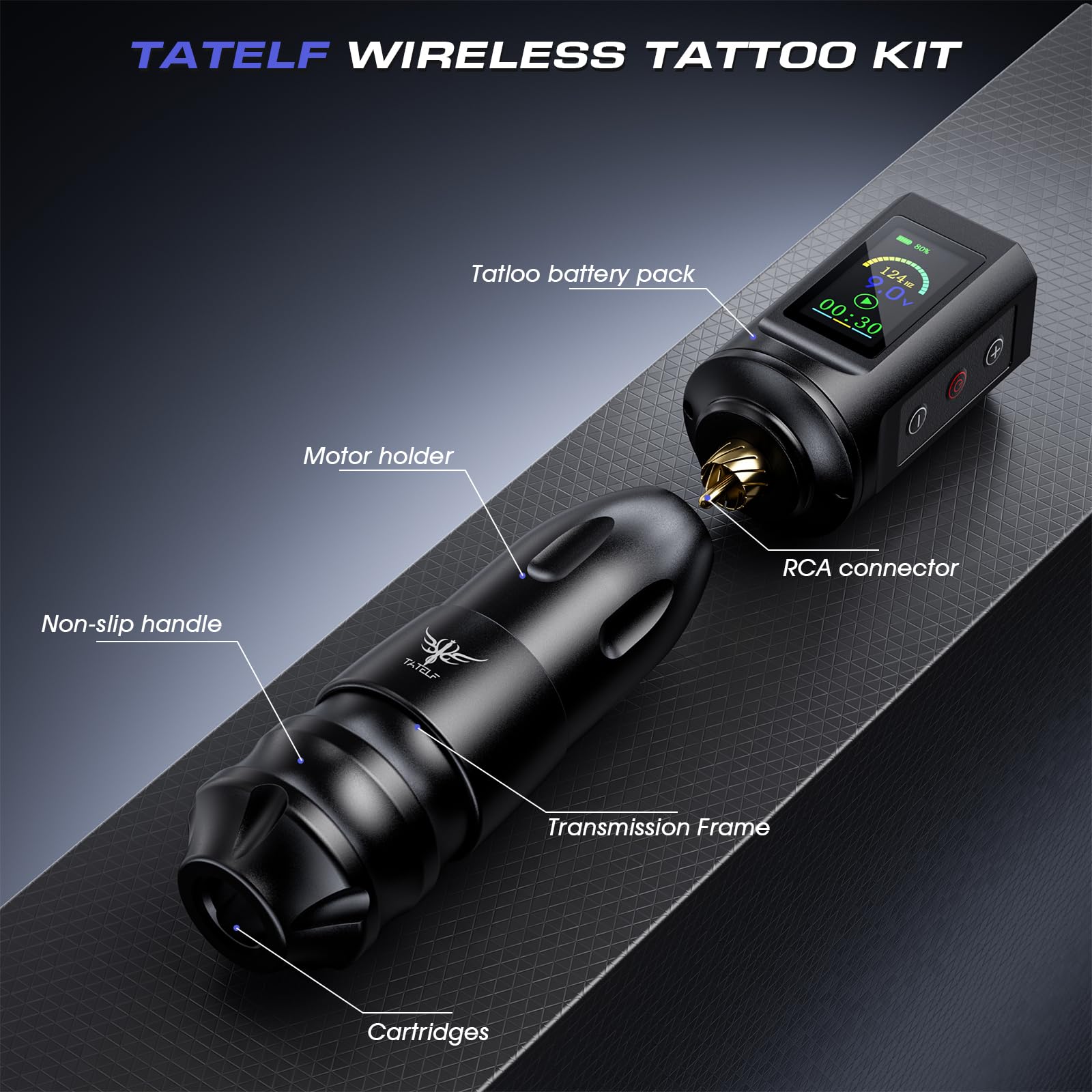 TATELF Kit Máquina Inalámbrica Bolígrafo Giratorio Batería RCA 1900mAh | 20 Agujas Cartucho, 10 Tintas, Accesorios Completos para Principiantes y Artistas Profesionales