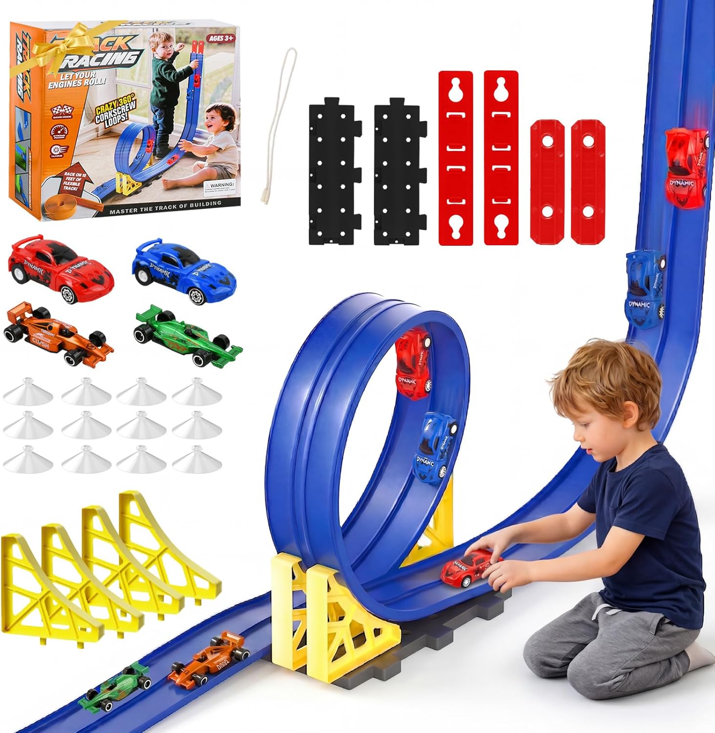 5 Metre Flexible Racing Track Children, Racing Track Car Toy, DIY Racing Track Toy, Car Racing Tracks with Accessories, Dual Race Track Ramps, with 4 Cars, for Children from 3 Years