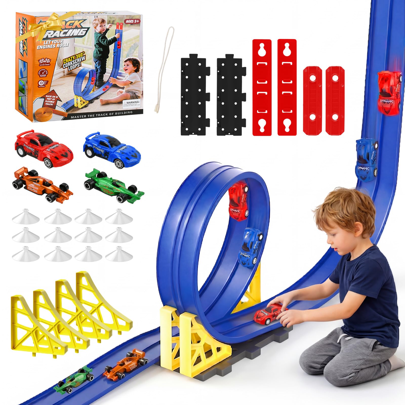 5 Metri Pista Macchinine, Pista Macchinine Flessibile, Giocattolo portatile pista per auto da, Rotola su Rampe a Doppia Pista, Con 4 Macchine, per Bambini 3 4 5 6 7 Anni+