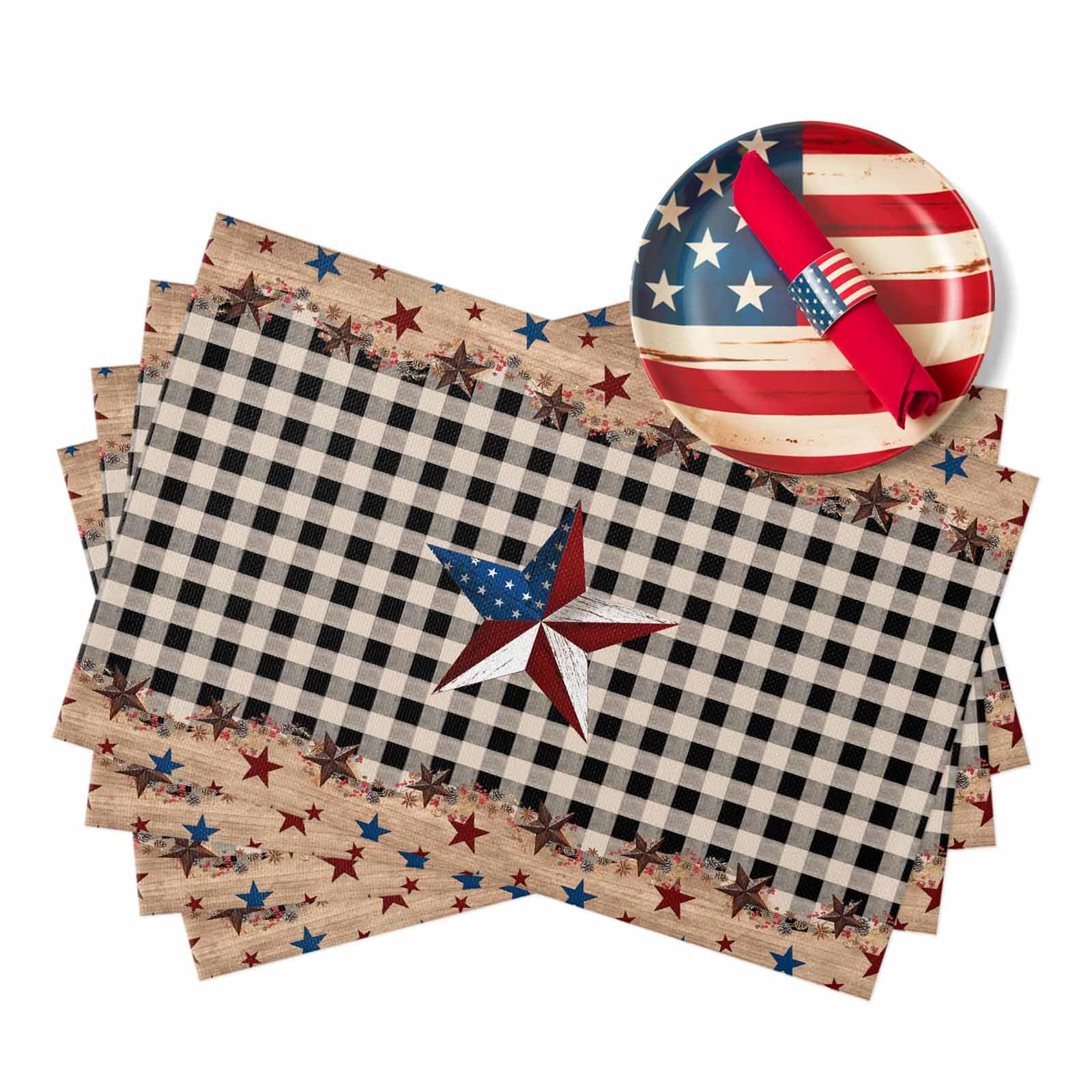 4th of July Placemats Set of 4, Patriotic Star American Flag Placemat for Dining Table Decorations, Cotton Linen Independence Day Place Mats, Rustic