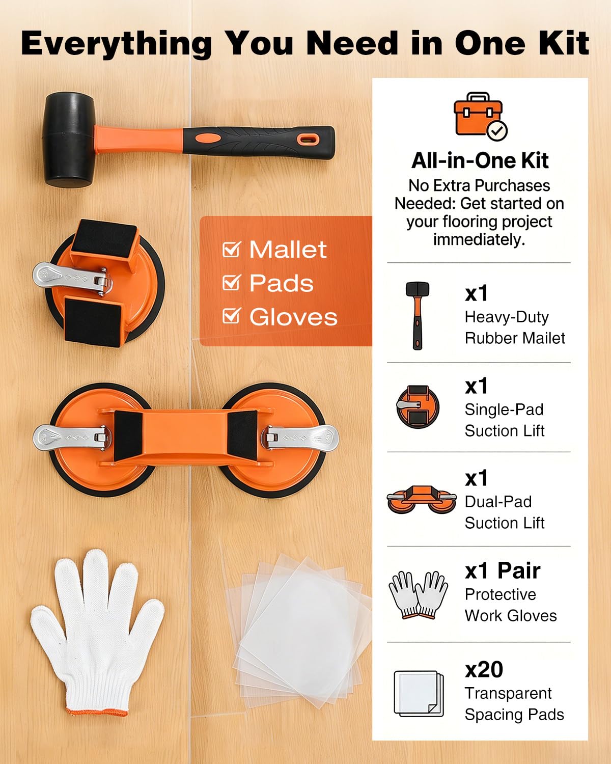 Saker Kit de herramientas y mazo para fijar huecos en el suelo, 10 almohadillas y guantes lavables, herramienta de ventosa para piso, herramientas de piso laminado para laminado liso (2 tipos de