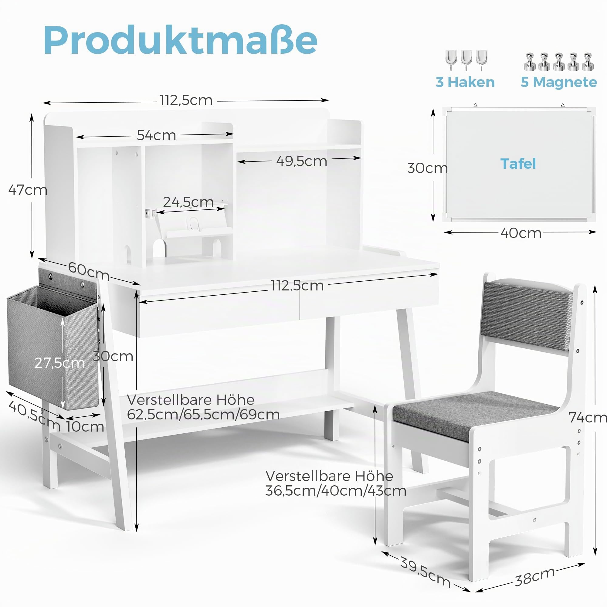 Pamapic Kinderschreibtisch und Stuhl Set, Höhenverstellbarer Kinderschreibtisch, Kinder Schreibtisch mit Regal & Schubladen, Schülerschreibtisch mit Haken, Magnete, Tafel & Stofftasche, Weiß