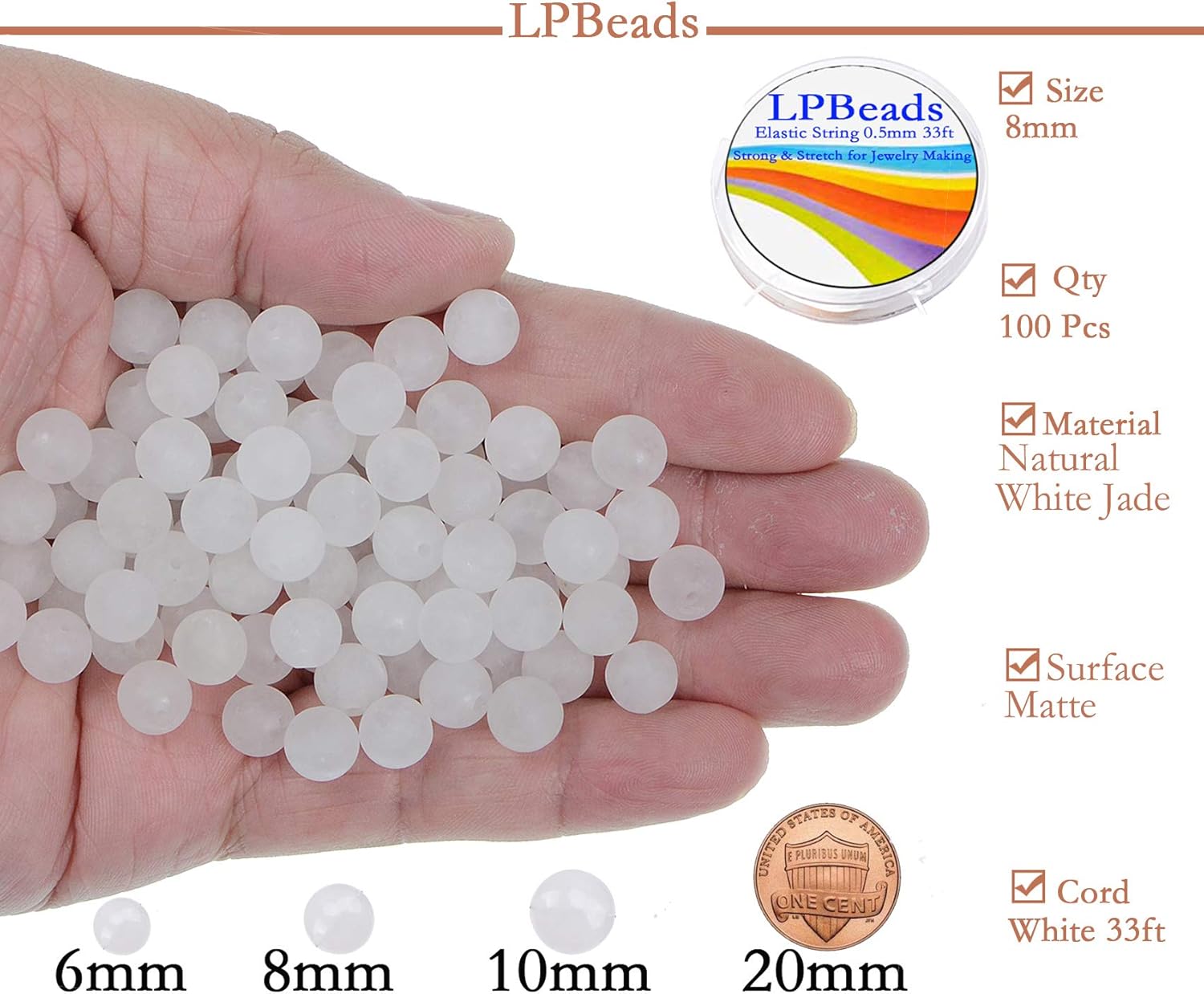 8mm Natural Matte White Jade Round Gemstone Frosted 100Pcs Bulk Loose Beads for Jewelry Making Bracelet with Stretch Beading Cord LPBeads - Image 2
