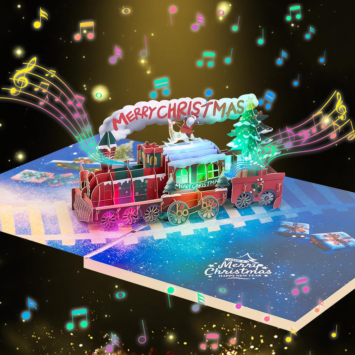 CNLITIHEKA Musical Train Christmas Cards with Light, Dream Train Christmas Pop Up Cards for Winter, Xmas, Holidays, Includes Envelope.