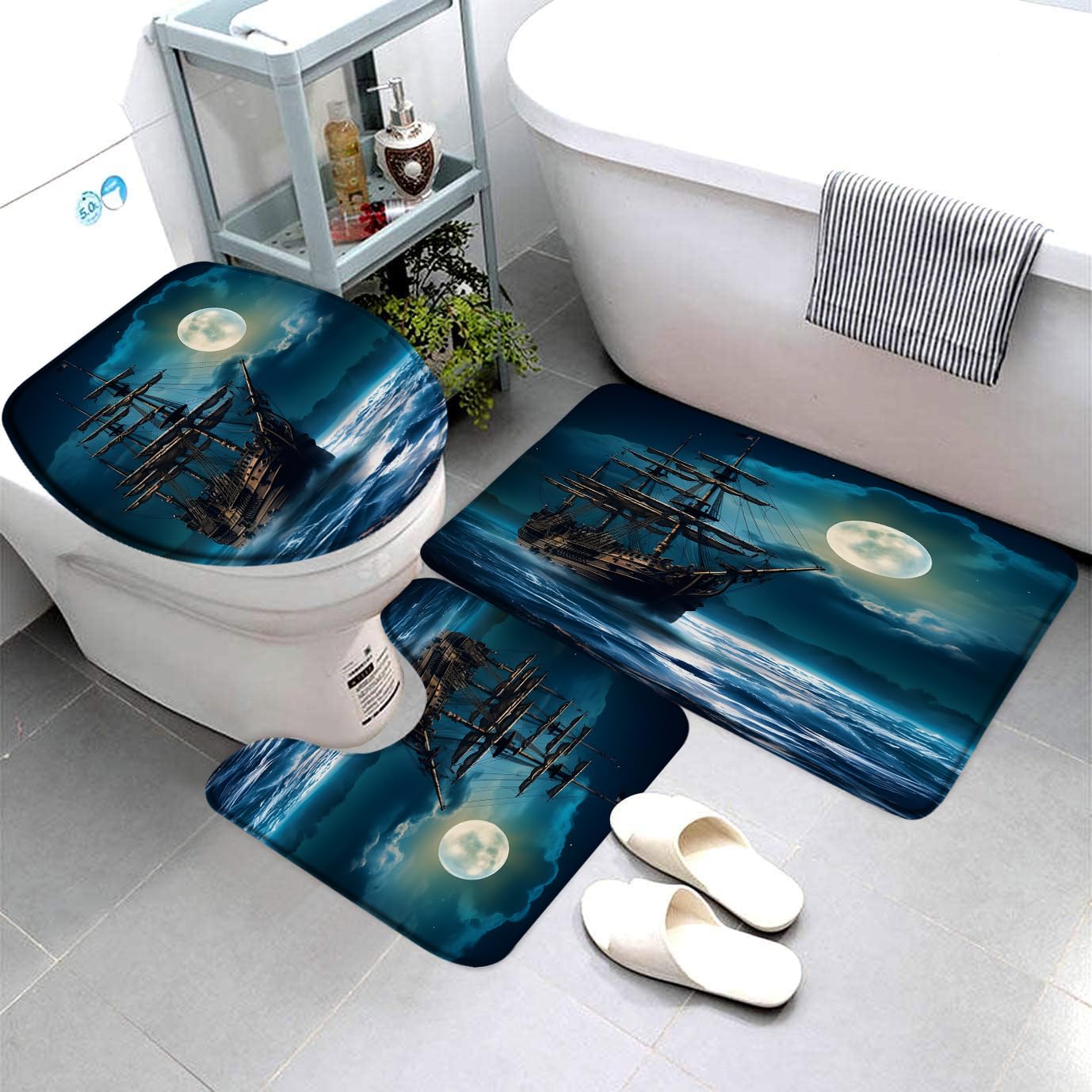 QWRSMYX 3 Pieces Set Pirate Ship Bath Mat Nautical Sailboat Sailing Ocean Adventure Full Moon Cloudy Night Sky Bathroom Rugs Toilet Lid Cover Pedestal Rug U-Shaped