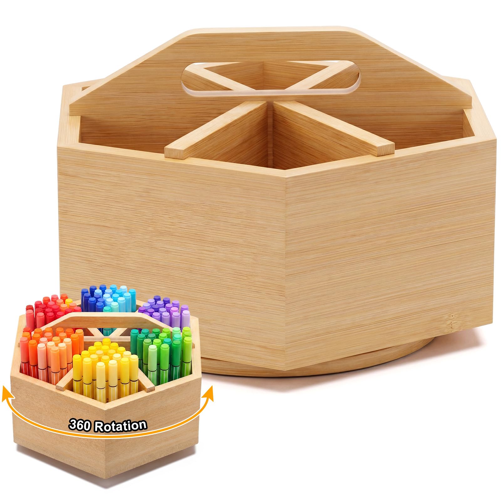 Drehbarer Bambus-Organizer, 360° drehbarer Stifthalter, sechseckig, Schreibtisch-Aufbewahrungsbehälter für Marker, Buntstifte, Pinsel, Bürobedarf, tragbare Bastelstation