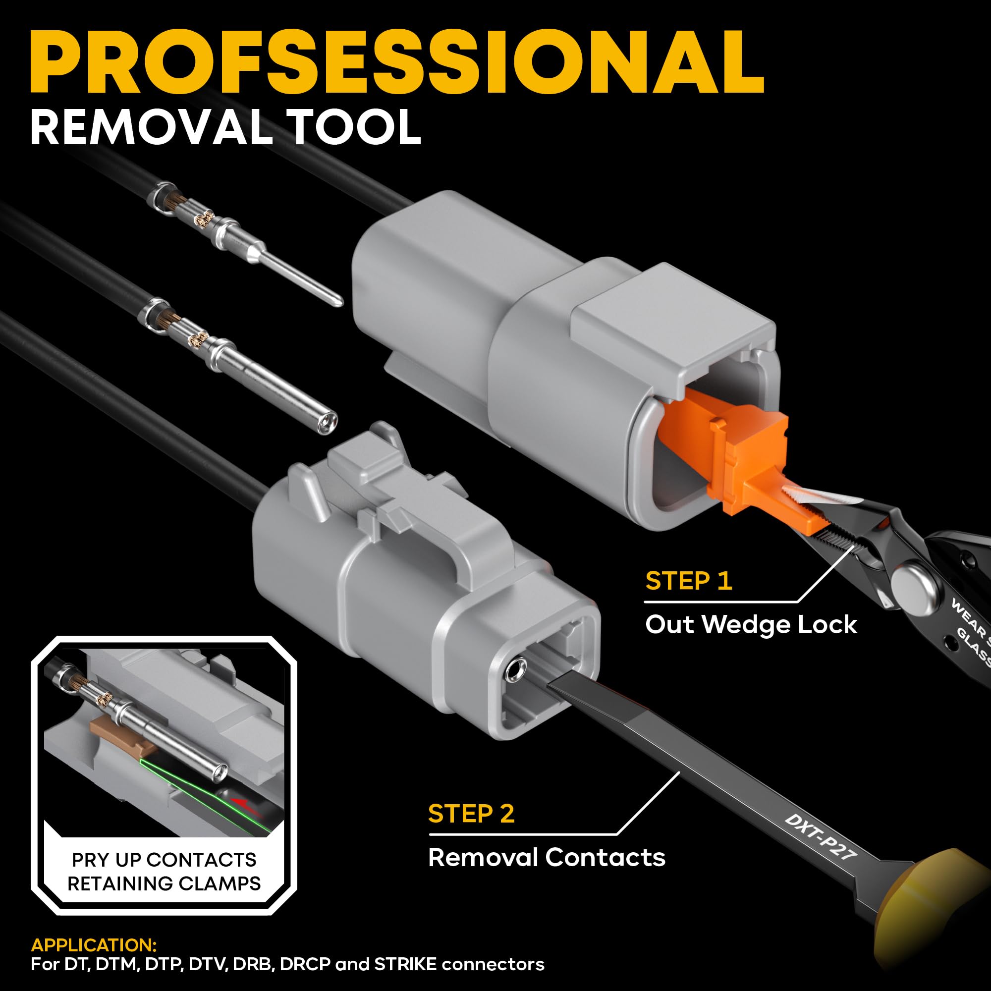 DxCRIMP Kit Pinza Crimpatrice per Connettori Serie DTM, Connettori Impermeabili 2/3/4/6 Pin, Contatti T20 (22-16AWG/0.34-1.5mm²), Cricchetto Spelafili e Utensili Rimozione, Compatibile con Deutsch DTM
