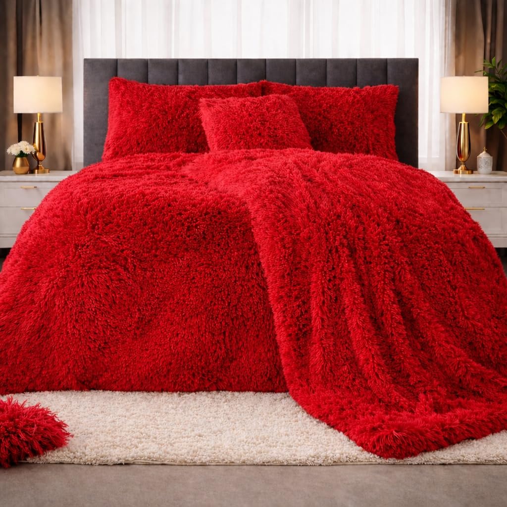 PARADISE STAR Teddy Bear Cuddles Fleece Duvet Cover Set – Alaska Luxury Faux Fur Bedding with Matching Pillowcases, Super Soft Warm Plush Winter Quilt Cover Bed (Red, Superking)