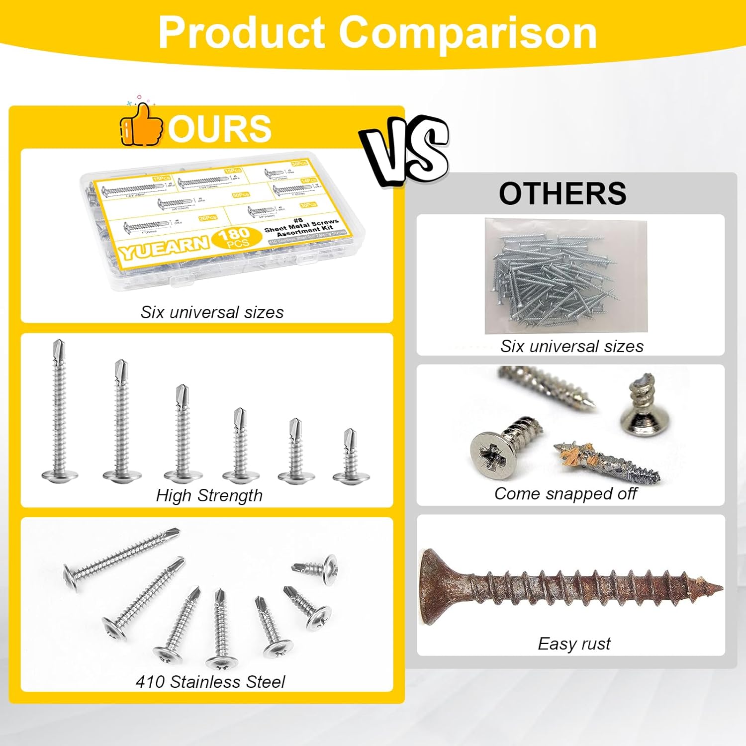 180PCS #8 Self Tapping Screws for Metal, 410 Stainless Steel Sheet Metal Screws Assortment kit, Self Drilling Screws, 6 Sizes (1/2", 5/8", 3/4", 1", 1-1/4", 1-1/2") Modified Truss Head