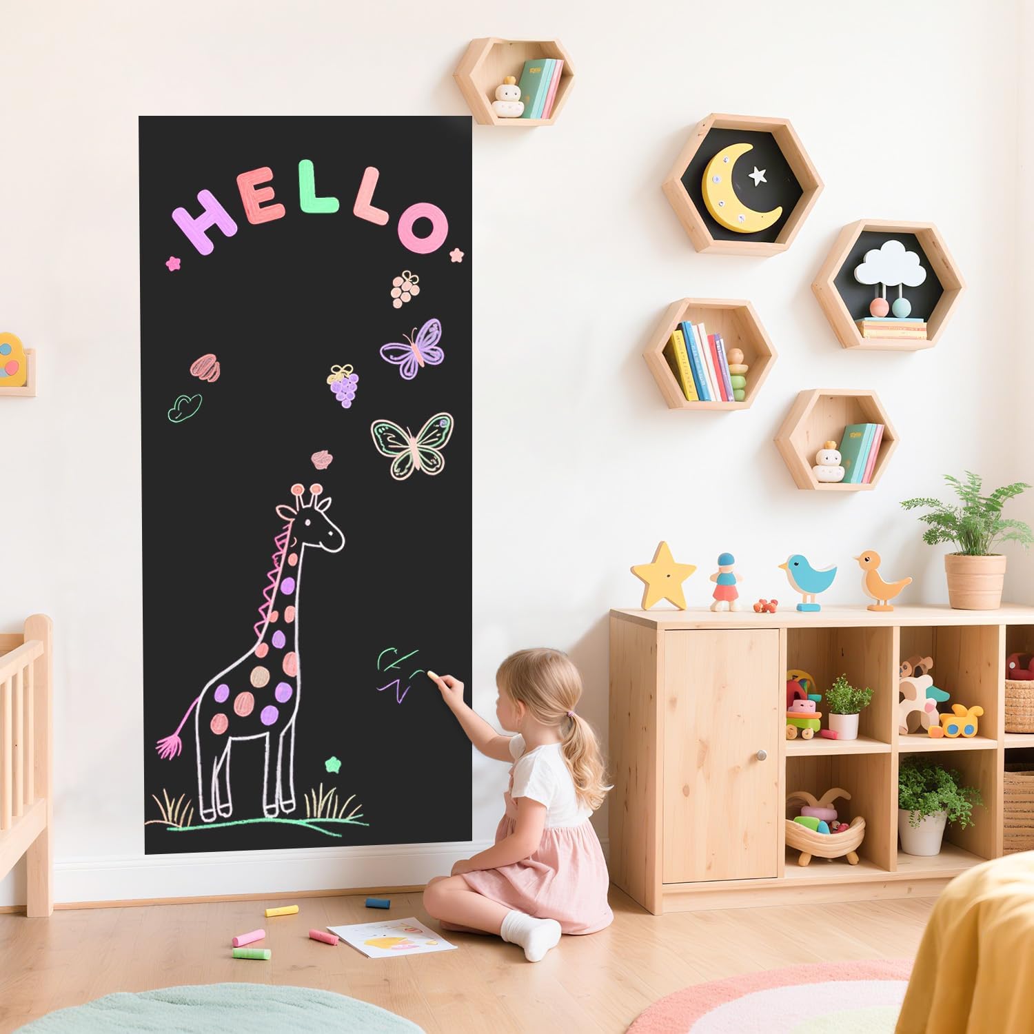 Magnetic Wall Decal 47.2x17.5 Inches Black Color Self Adhesive Magnet Chalkboard Wall for Playroom Peel and Stick Magnetic Play Wall with Liquid Chalks Multiple Accessories for Home Office