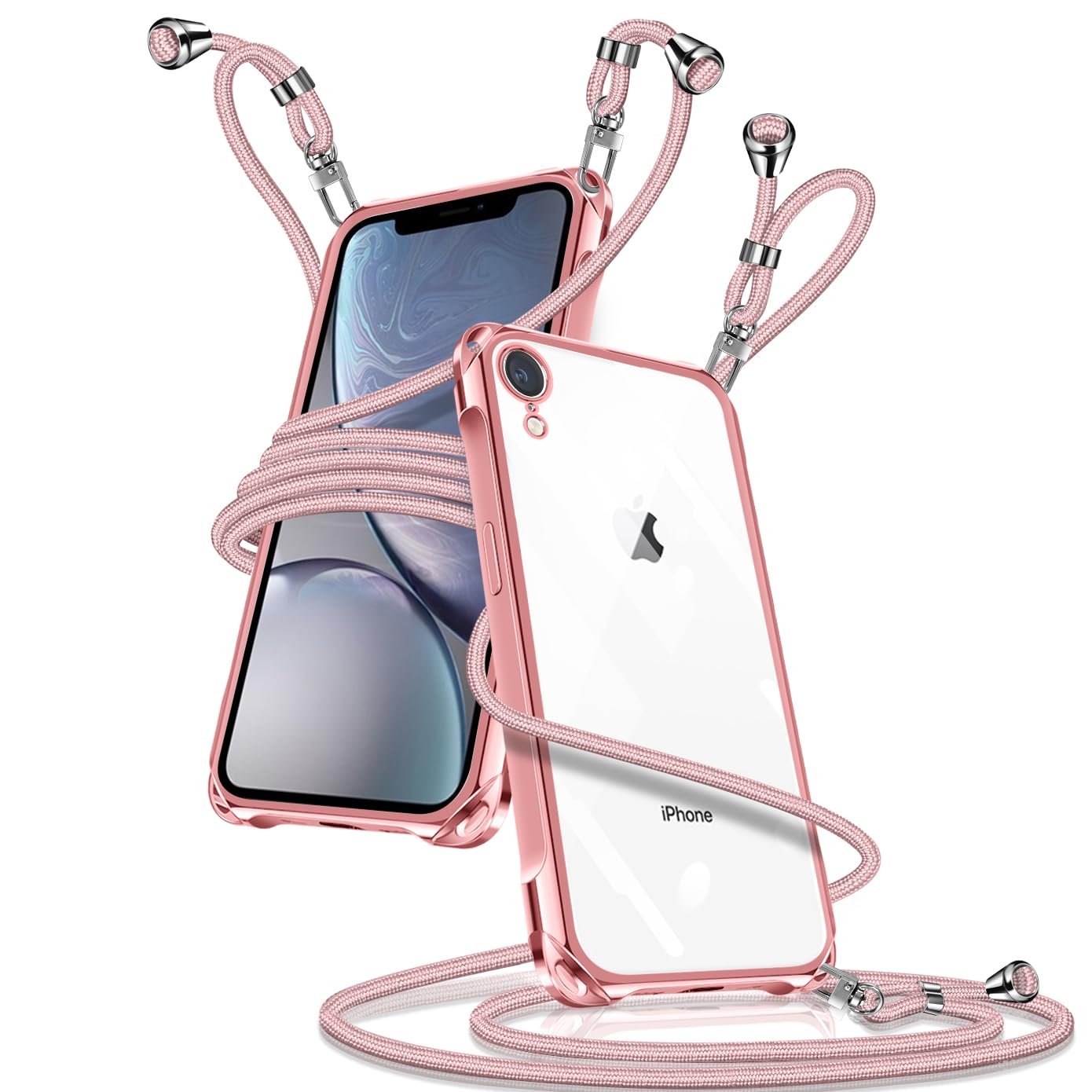 iPhoneXR ケース クリア ショルダー iPhoneXR スマホケース アイフォンXR カバー 肩掛け 斜めかけ 縄掛けケース 透明 薄型 軽量 TPU 携帯ケース 紐付き 斜めがけ 織りストラップ付き 長さ調整可能 取り外し可能 落下防止 紛失防止(ローズゴールド)