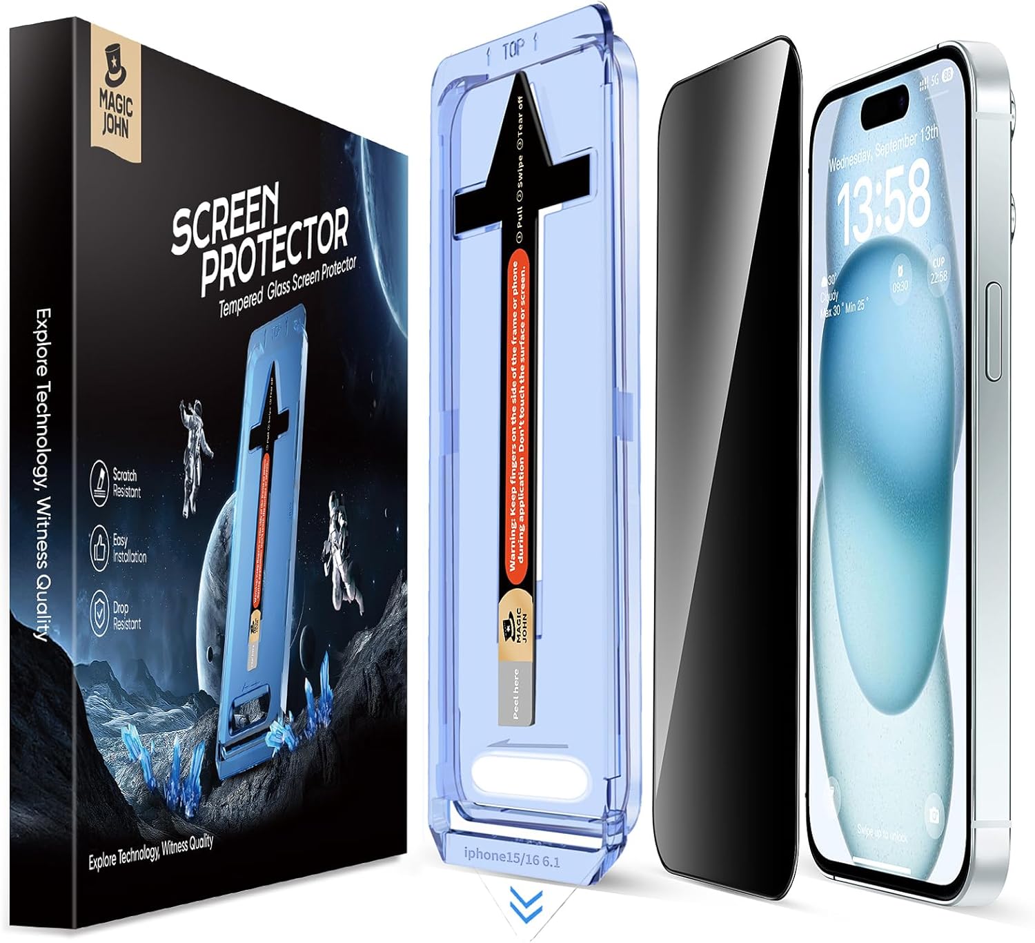 MAGIC JOHN 2 Pack for iPhone 15 6.1 inch Privacy Glass Screen Protector, Auto Dust-Elimination Installation, Bubble Free, Easy Installation MAGIC JOHN 2 Pack for iPhone 15 6.1 inch Privacy Glass Screen Protector, Auto Dust-Elimination Installation, Bubble Free, Easy Installation