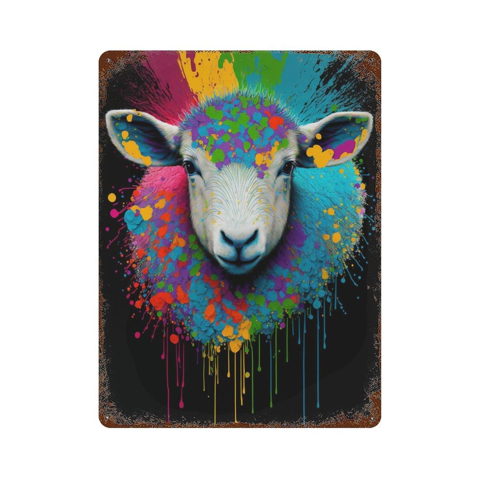Distressed Metal Wall Sign with Colorful Sheep Art Print Design 15.7"x11.8", for Shed, Workshop And Garage Wall Decor, Decorative Metal Wall Art