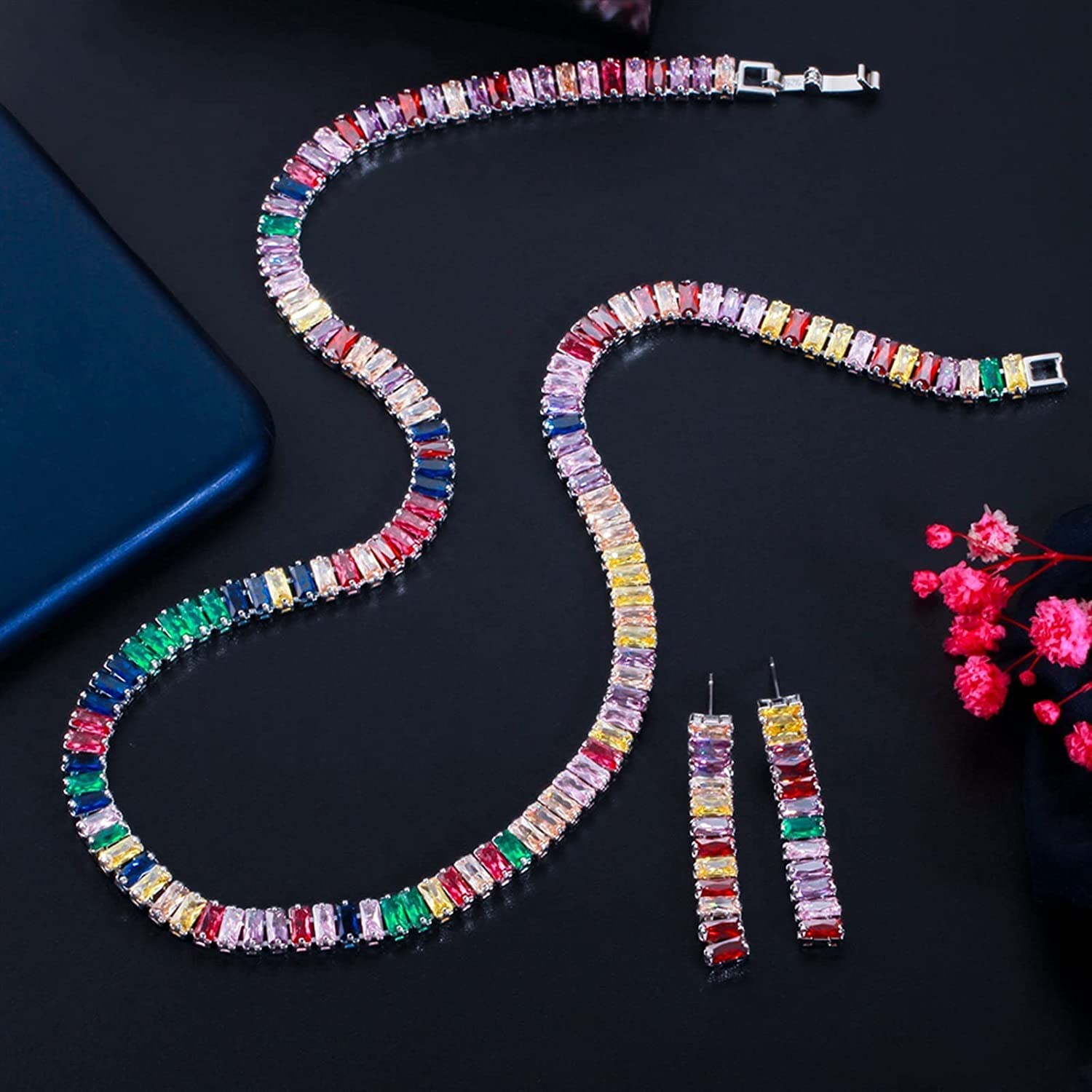 Joyería Multicolor Arco Iris rectángulo Zirconia cúbica Pendientes Collar Conjuntos para Mujeres Moda Fiesta bisutería