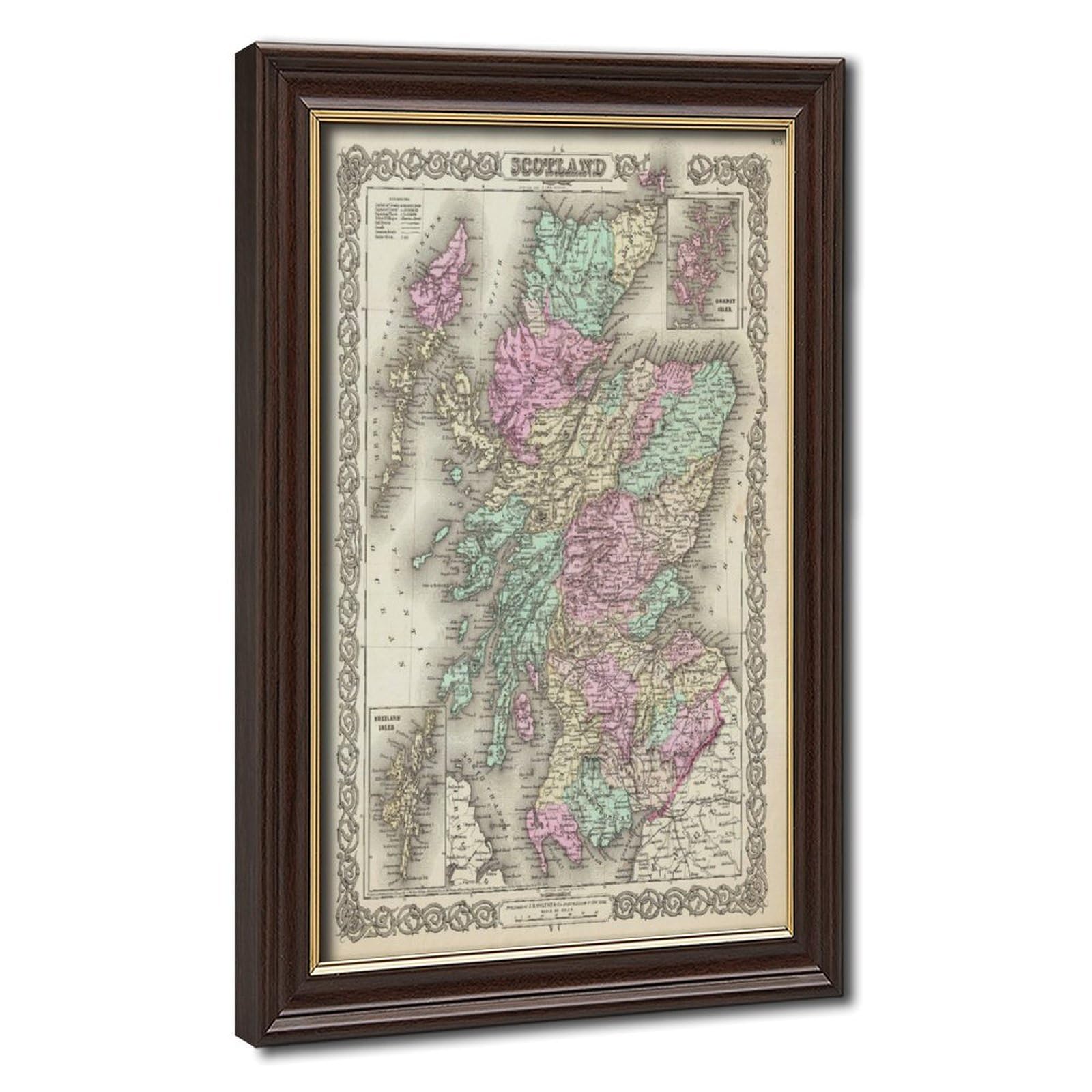 WCYB 1855 Colton Map of Scotland Posters Prints Canvas Deco Paintings Wall Art Hangable Frame 16" L X 24" W