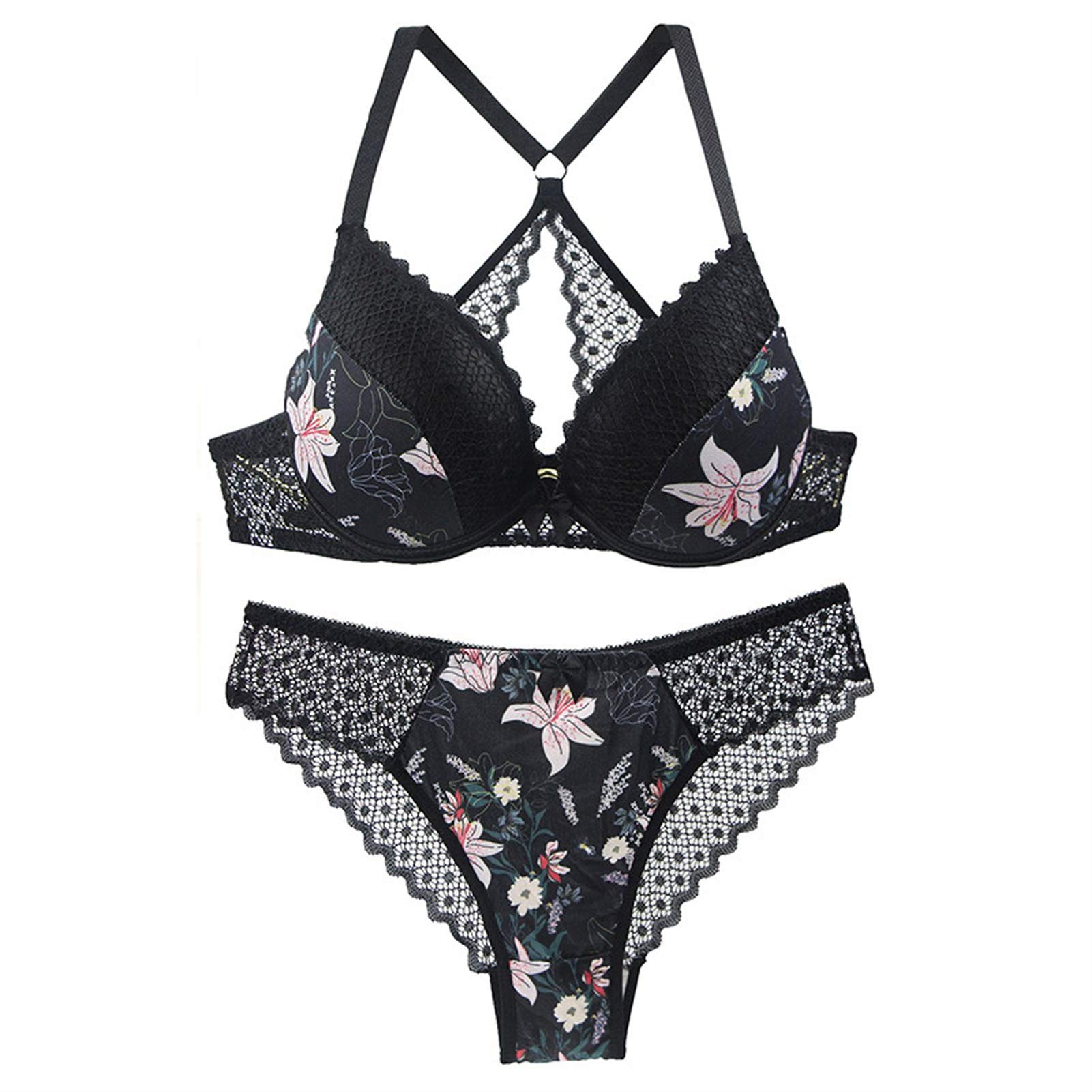 Ensemble soutien-gorge et culotte femme dentelle florale noire 80C push up armatures