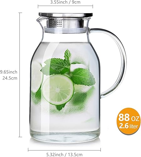 Miniatura 2 de Jarra de vidrio de 88 onzas con tapa y boquilla, jarra de alta resistencia al calor para agua calientefría y té helado (2.6 L)