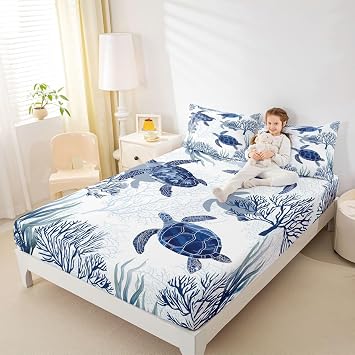 Twin XL Sea Turtle Bed Sheet Set - White & Blue, Fitted Sheet, Bed Cover, Ocean Beach Theme, Kids Girls Boys Bedroom