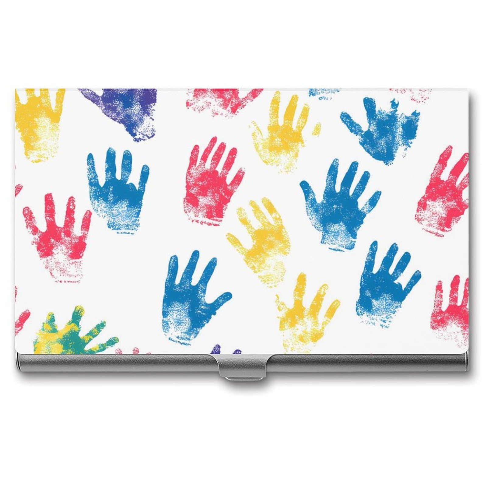 Autism Colored Palm Prints Slim Business Card Holder Wallet for Men & Women Pocket Metal Case 3.7x2.2x0.3 Inches