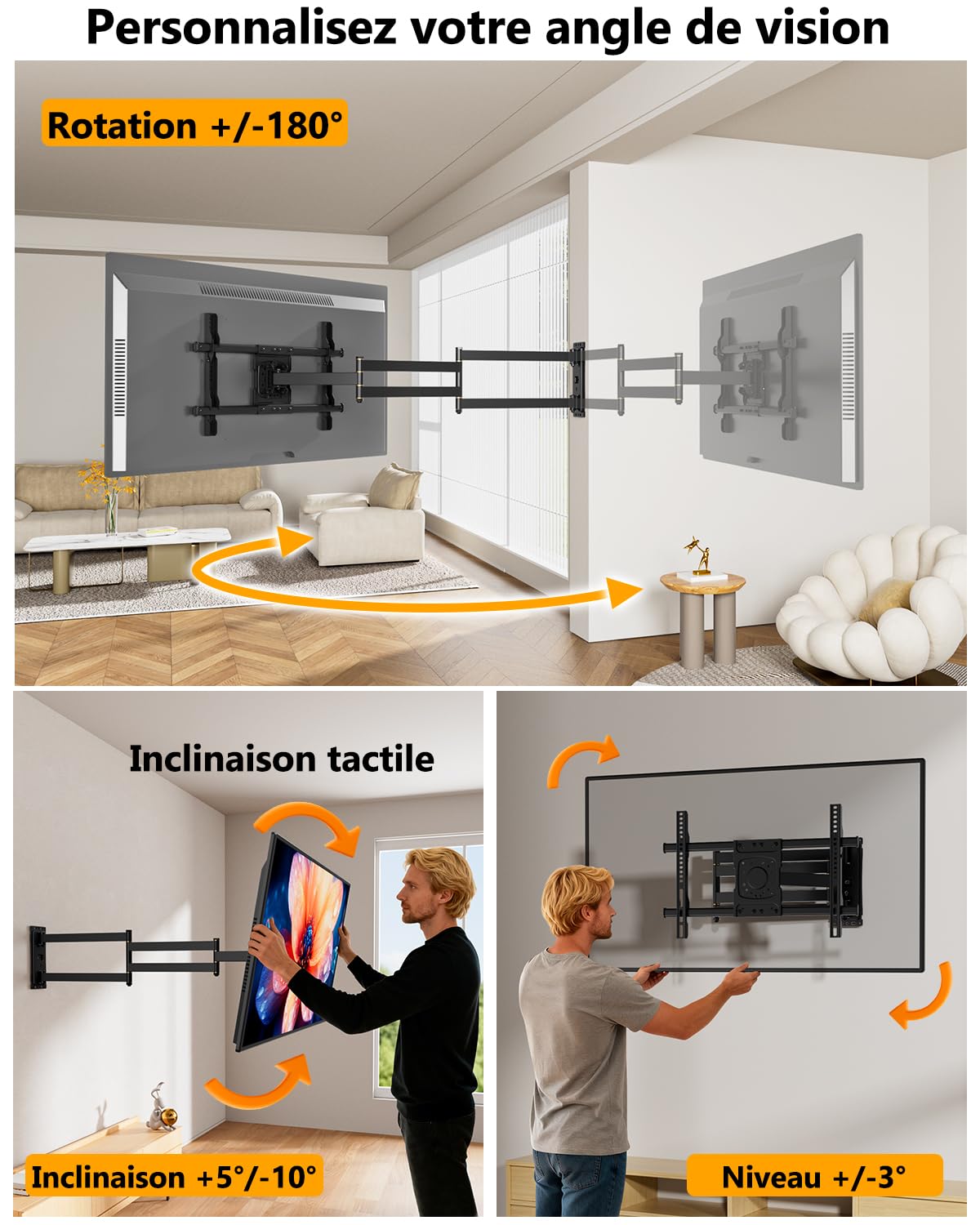 Support Mural TV à Extra Longue Portée 1016mm jusqu'à 45kg | Support TV Mural Orientable et Inclinable pour Téléviseurs 37-75 Pouces Plasma OLED LCD Incurvés/Plats Max. VESA 600x400mm