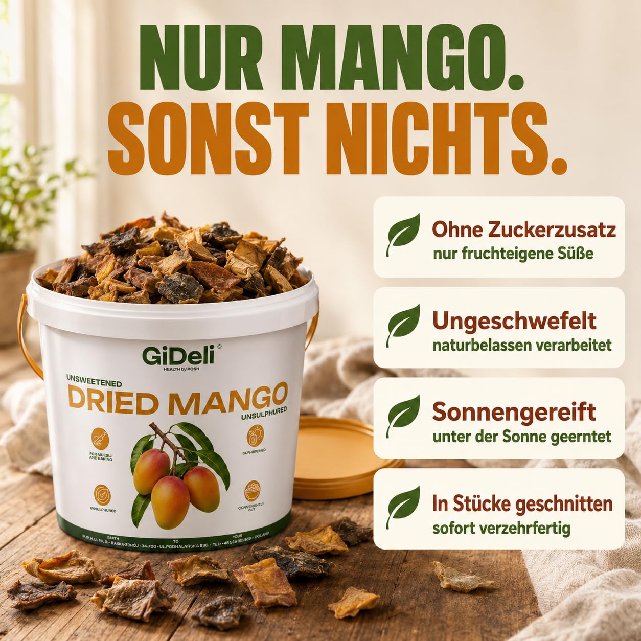 GiDeli Getrocknete Mango Ungesüßt Ungeschwefelt 10kg im Eimer - Naturbelassene Trockenfrucht ohne Zuckerzusatz - Sonnengereifte Mangostreifen - Natürliche Ballaststoffquelle - Ideal für Müsli & Backen
