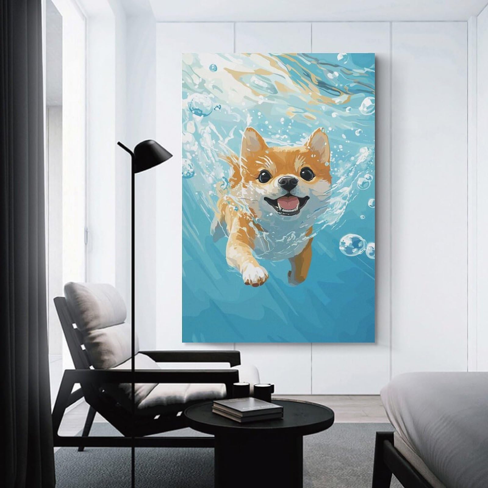 Junmoney Shiba Inu Swimming Underwater Wall Decor Canvas Print, 20x30inch(50x75cm), for Wall Displays, Bedrooms Or Room Updates, Wall Decor Suited to Curated Displays