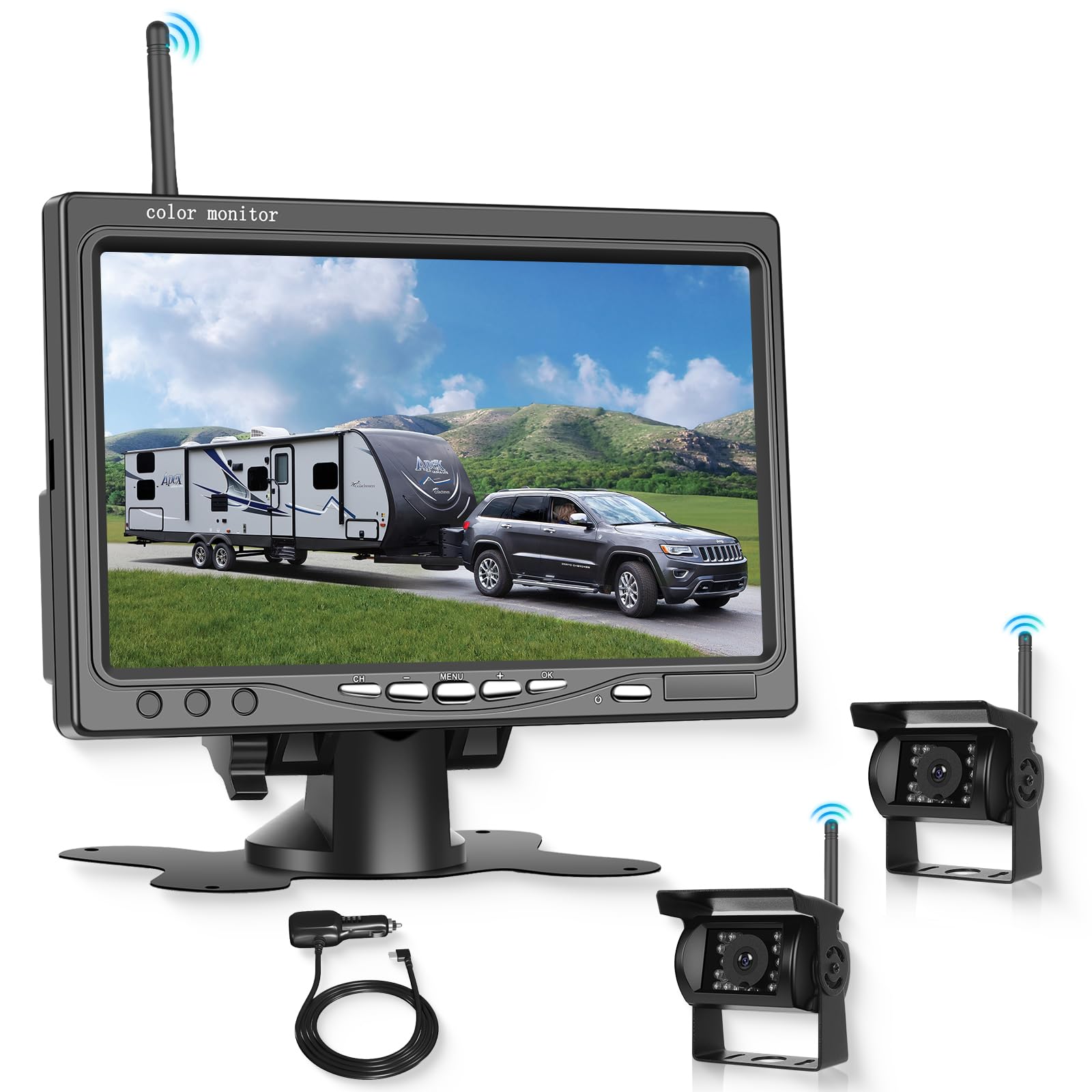Camara Marcha Atras, 2 Cámaras Visión Trasera Inalámbrica Gran Angular con Visión Nocturna Impermeable Cámara Trasera Coche, Kit de Monitor 7 Pulgadas para Camiones, Furgonetas, Vehículos Remolque