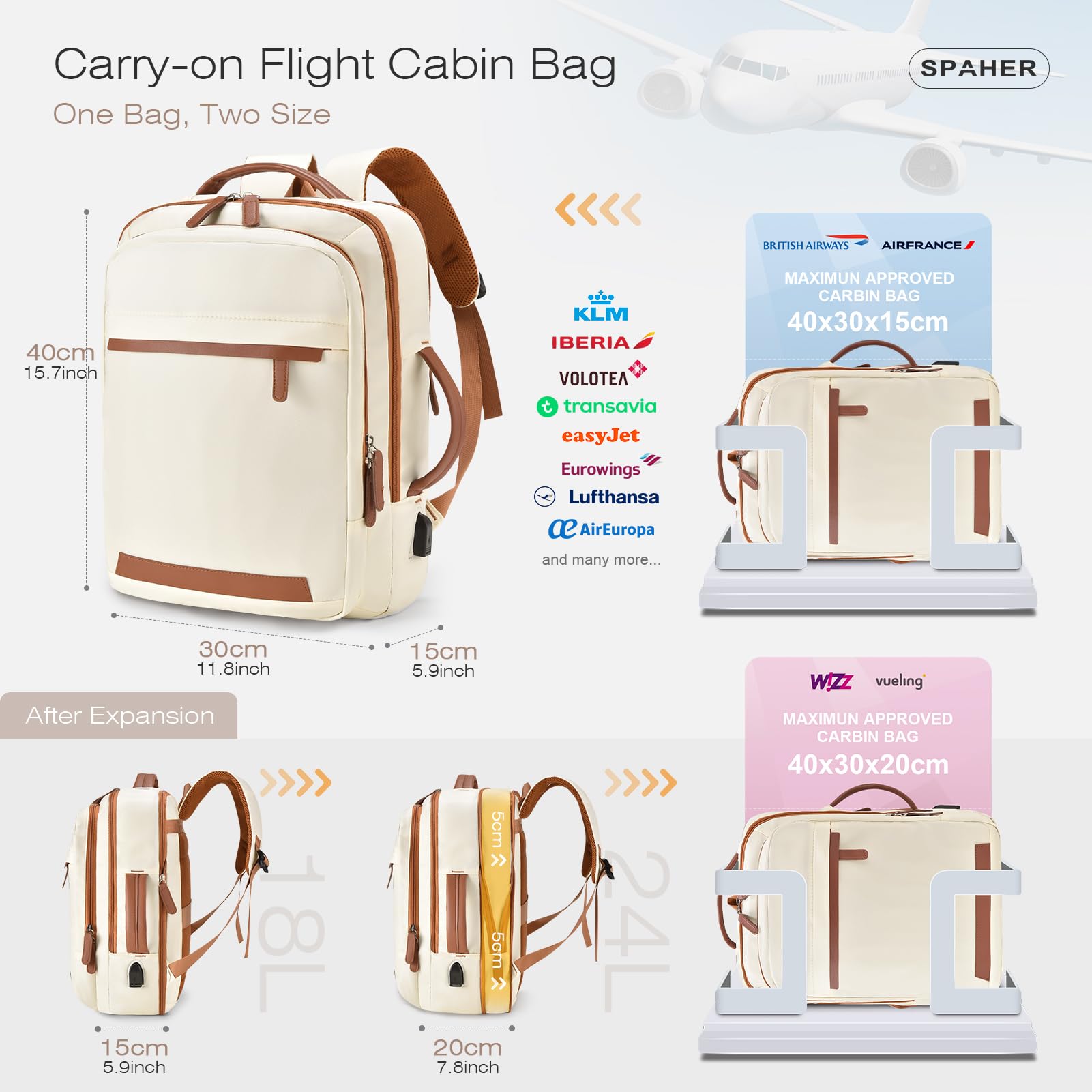 SPAHER Rozszerzalny Plecak Podróżny 40x30x15 British Airways 40x30x20 Wizzair Plecak na Laptopa 15,6 Calowy z Portem Łdowania i Mokrą Kieszenią USB Plecak do Samolotu Pracy dla Kobiet i Mężczyzn