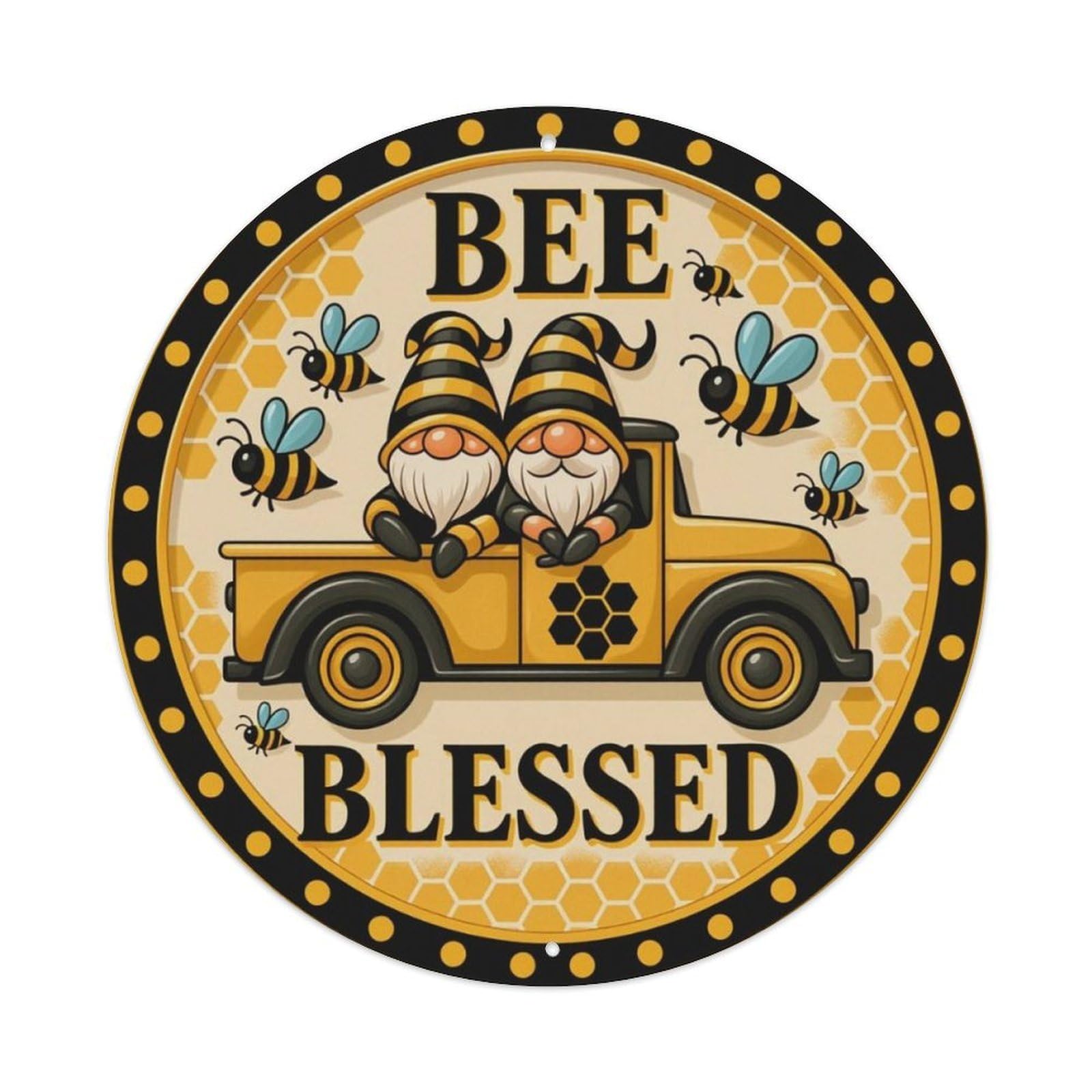 Bee Gnome Truck Farmhouse Round Decor Sign Vintage Aluminium Metal Sign, Retro Wall Decor for Home, Bar, Garage & Farmhouse 20x20cm