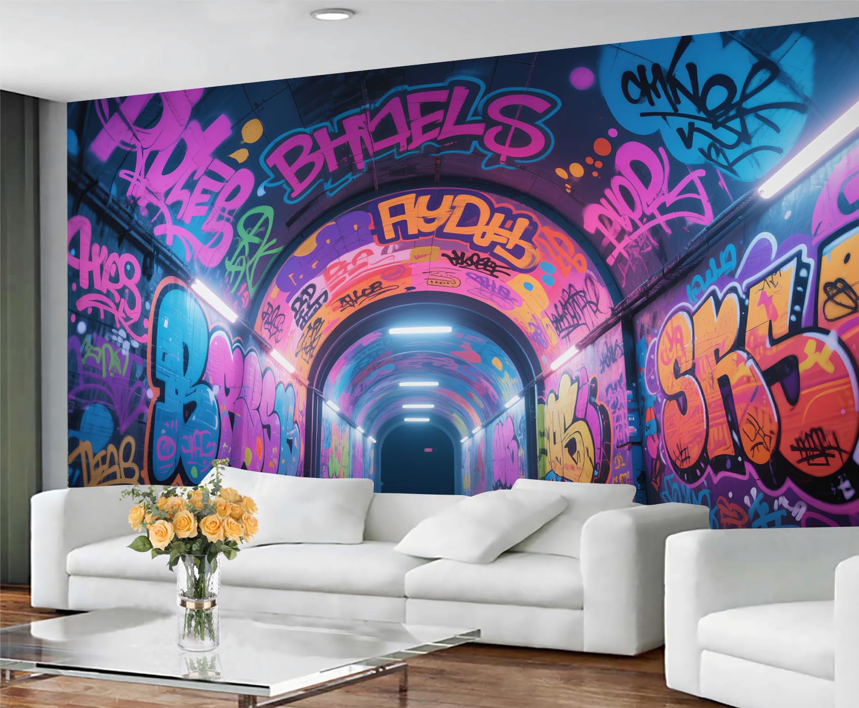 Graffiti Tapete Wandbilder, Neon Graffiti Schlafzimmer Tapete, Street Art Wandpapier für Wohnzimmer, nicht selbstklebende Tapete, Hip Hop großes Wandbild & Raumdekor 350 x 250 cm