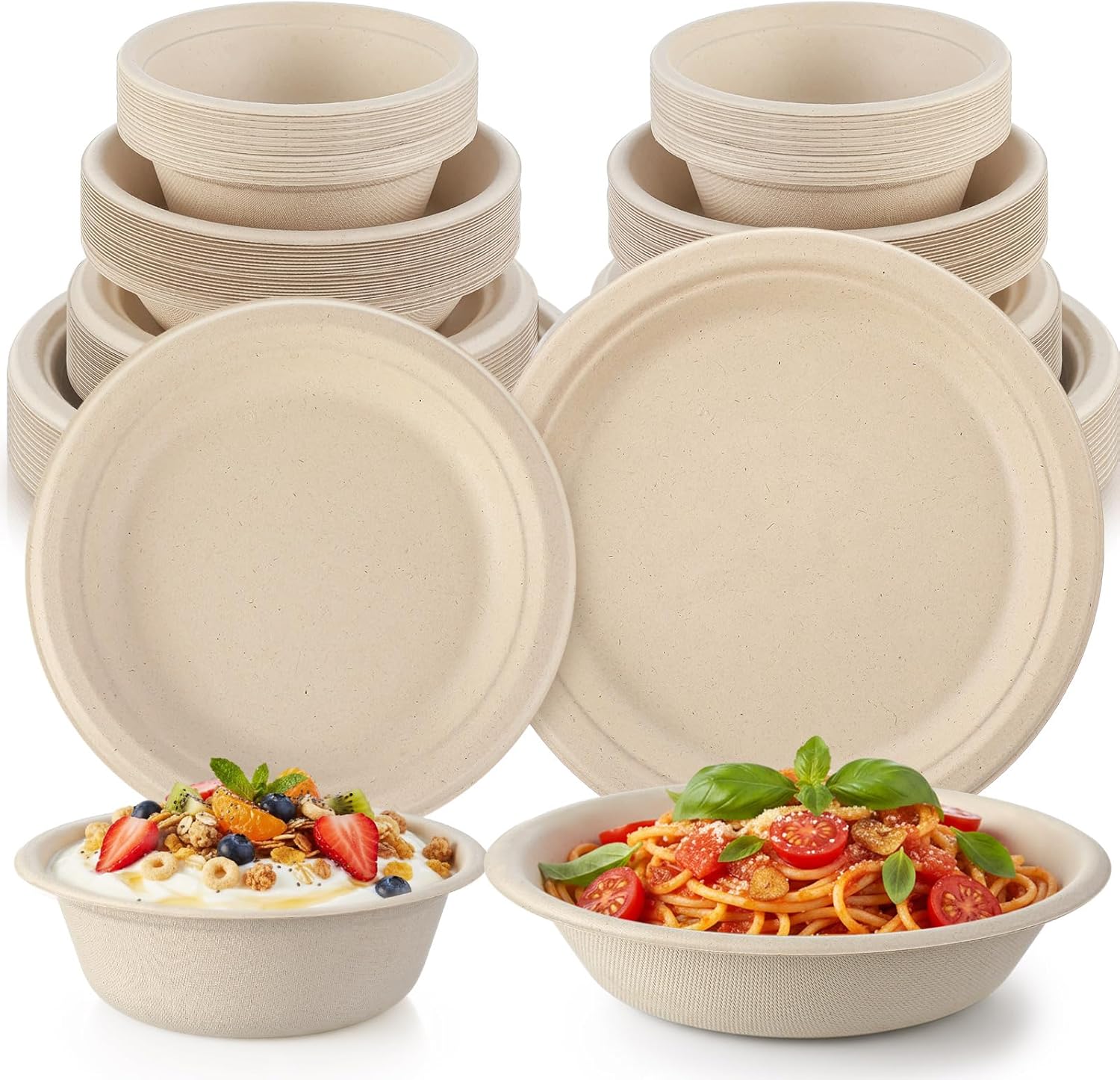 Havawish 200 Pcs Compostable Paper Plates and Bowls Set 7 Inch 9 Inch Disposable Plate 16oz 24oz Biodegradable Bowls for Party Dinner 50-person Bulk Party Supplies