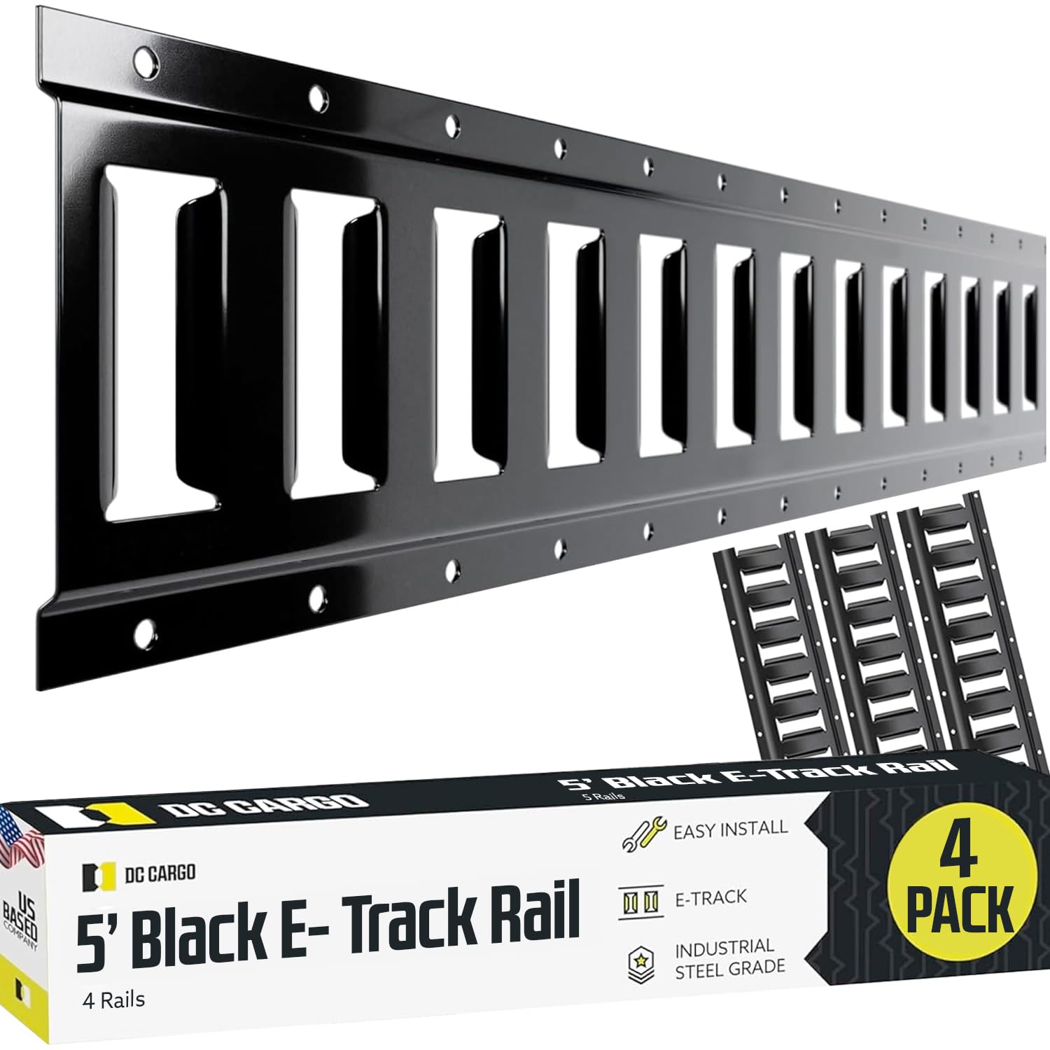 DC Cargo Mall - E Track Tie Down Rail Kit 5' (4 Pack) for Garages, Vans, Trailers, Motorcycle Tie Downs, ATV Mountings - ETrack Bar Rails – Powder-Coat Black - Secure & Heavy Loads Up to 2,000 lbs