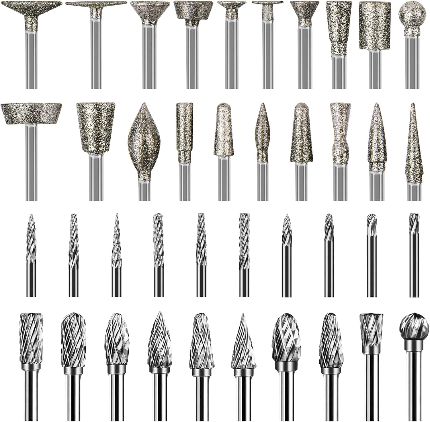 40pcs Stone Carving Set Diamond Burr Bits+Double Cut Carbide Burr Set Die Grinder Rotary Tool Bits 1/8" Shank Compatible with Dremel for Carving, Engraving, Grinding, Stone, Rocks, Glass, Ceramics