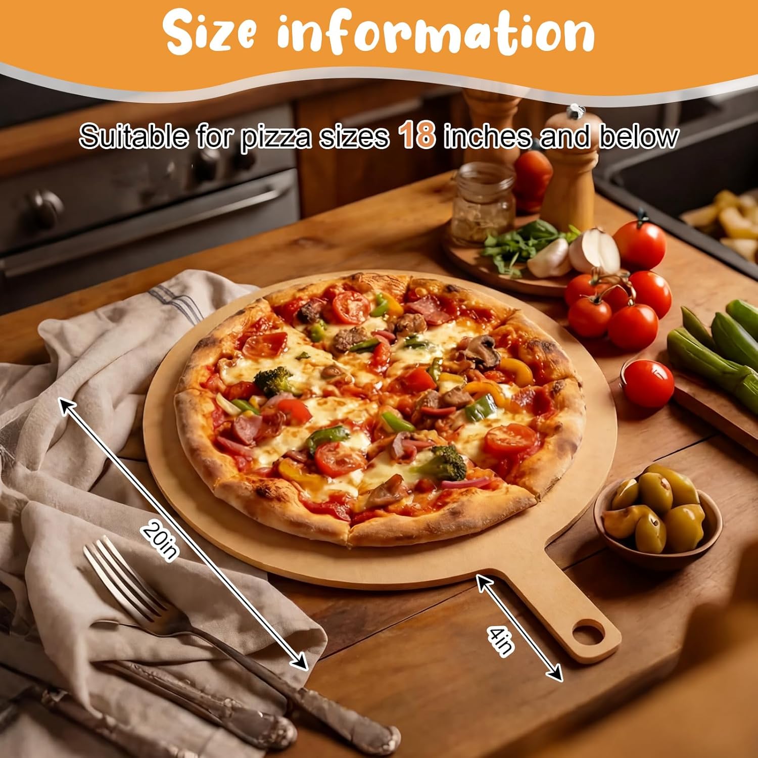 Lounsweer 24" × 20" Round Pizza Cutting Board Wood Fiber Pan with Handle Natural, Non-slip & Ideal Pizza Peel