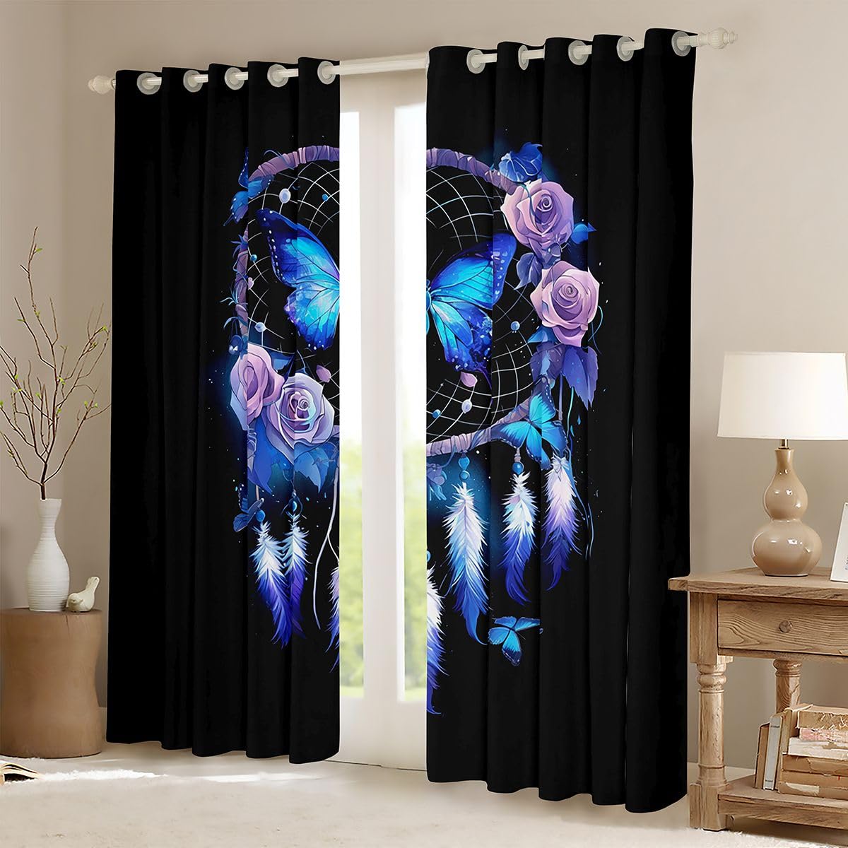 Homewish Schmetterling Traumfänger Verdunkelungsvorhänge 175x140(HxB) Boho Traumfänger Gardinen Blickdicht Lila Rose Vorhang Fantasie Verträumt Vorhänge Schlafzimmer 2 Paneele