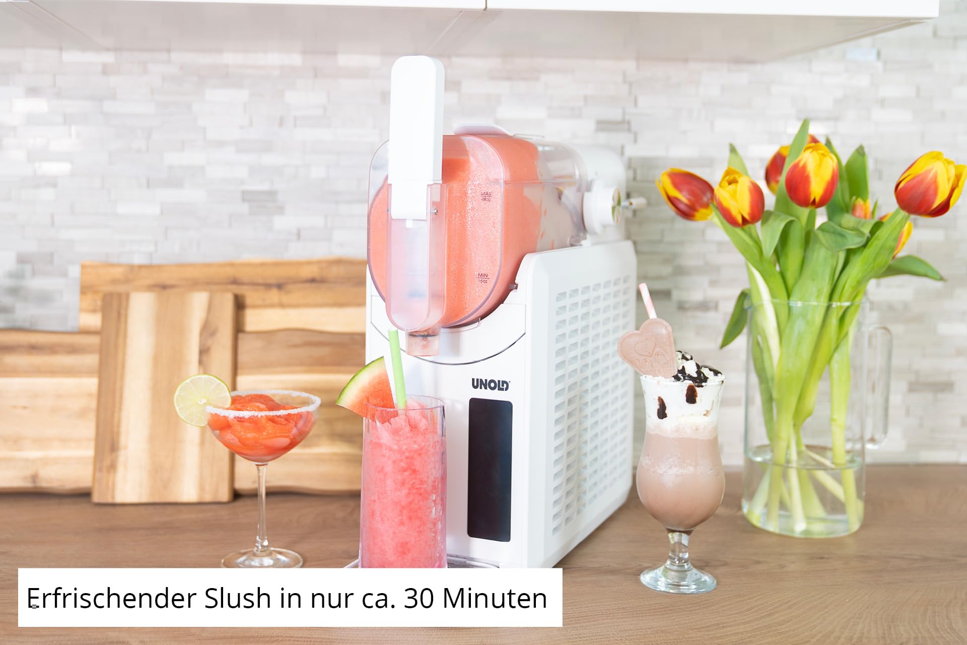 Unold 48940 Slush-Eismaschine Susi mit Kompressor ca. 2 L 5 Programme für Slushies, Frozen Cocktails, Frappés, Wein Milchshakes in 30 min kein Eis notwendig