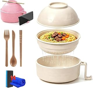 Ramen Bowl Microwavable, Microwave Ramen Bowl with Strainer, 3 Layer Microwave Ramen Cooker with Lid, Handle, Spoon, Fork & Chopsticks, Ramen Noodle Bowl for Dorm Office Home，White