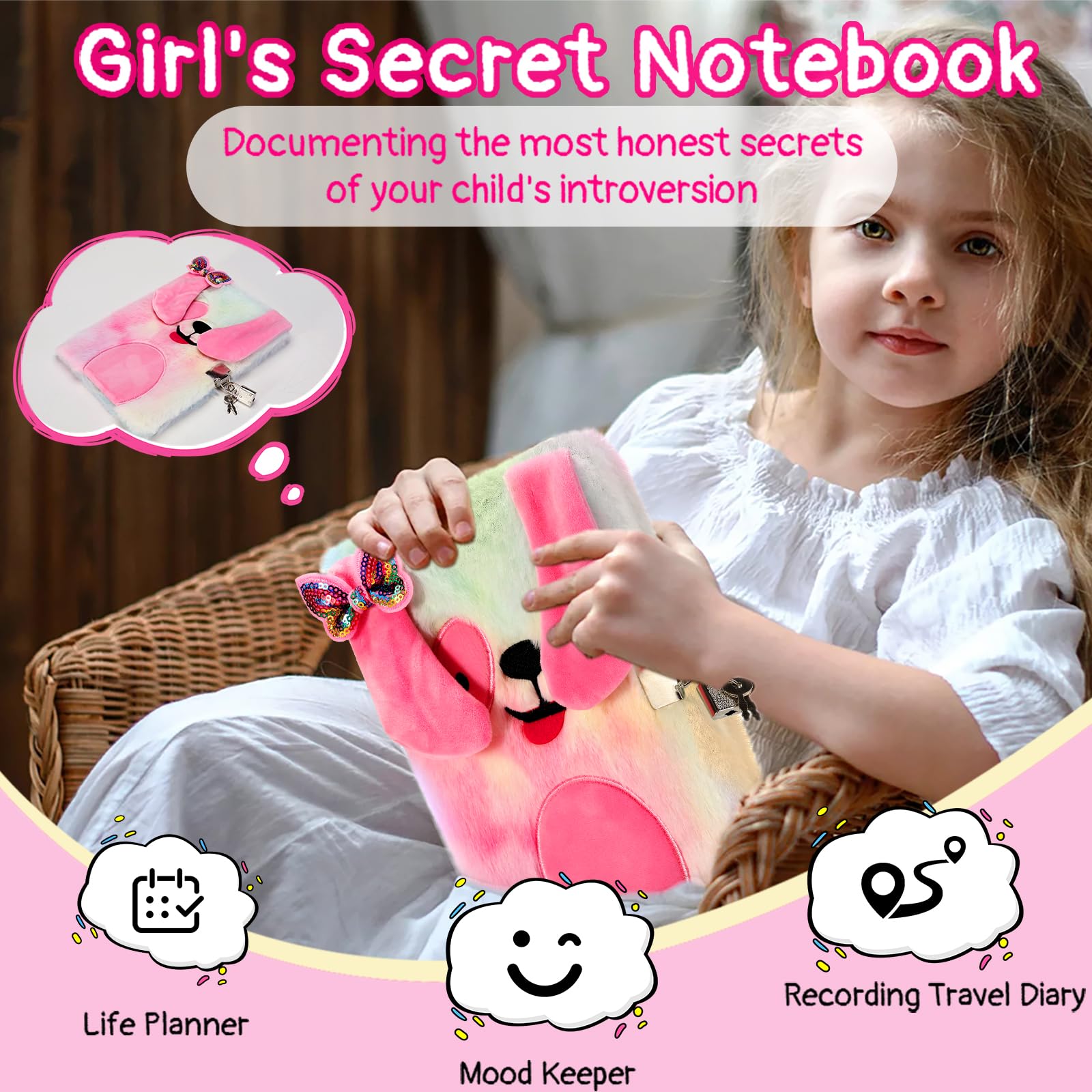 Diario Segreto Bambina - Diario con Lucchetto, Ideale per la Scuola e Come Regalo per il Ritorno a Scuola e Occasioni Speciali (Cani dalle lunghe orecchie, Multi)